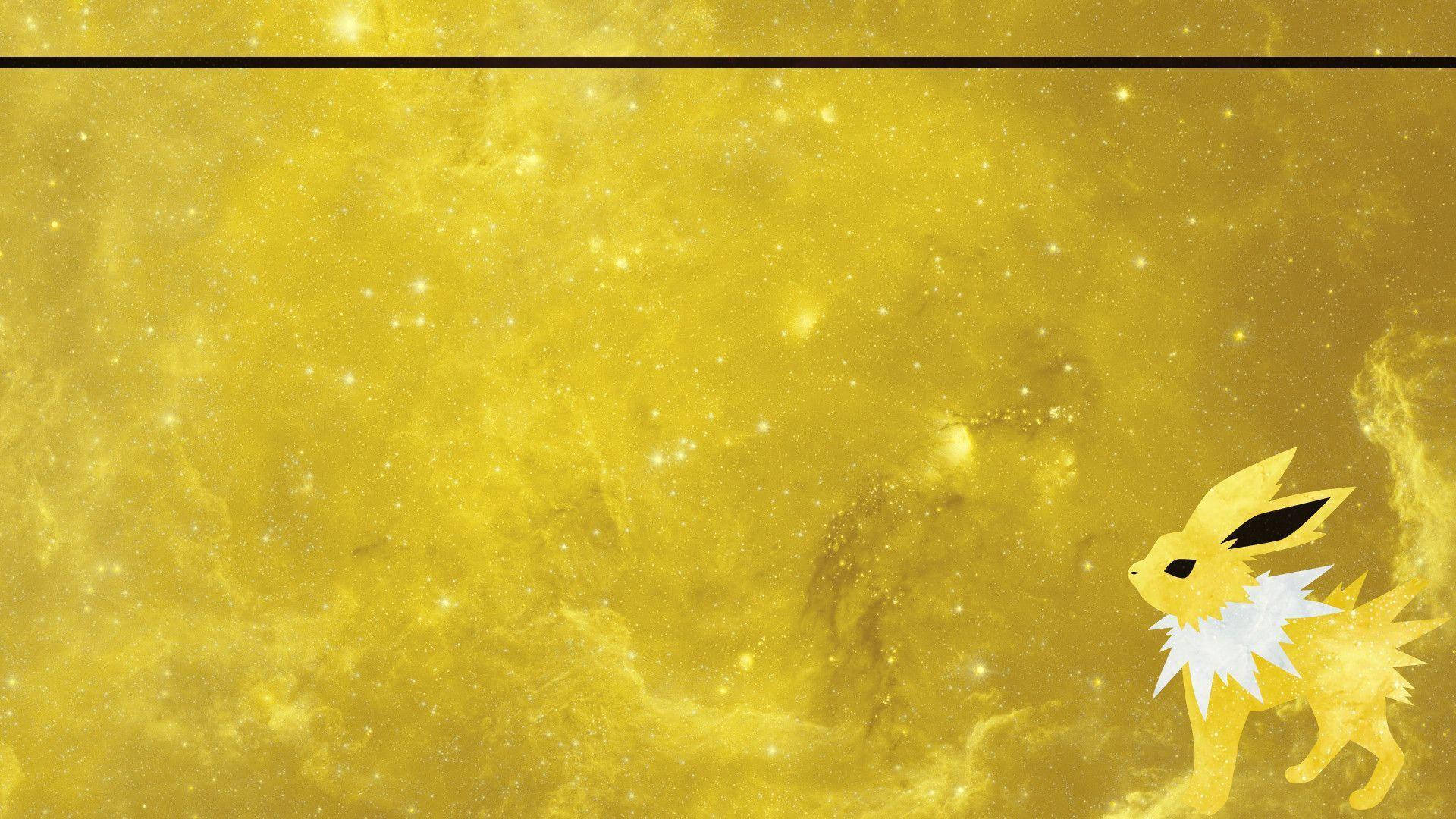 寶可夢 桌布 壁紙 — 一隻發光的黃色雷伊貝站在閃爍的金色宇宙星雲中，伴隨著旋轉的星塵。