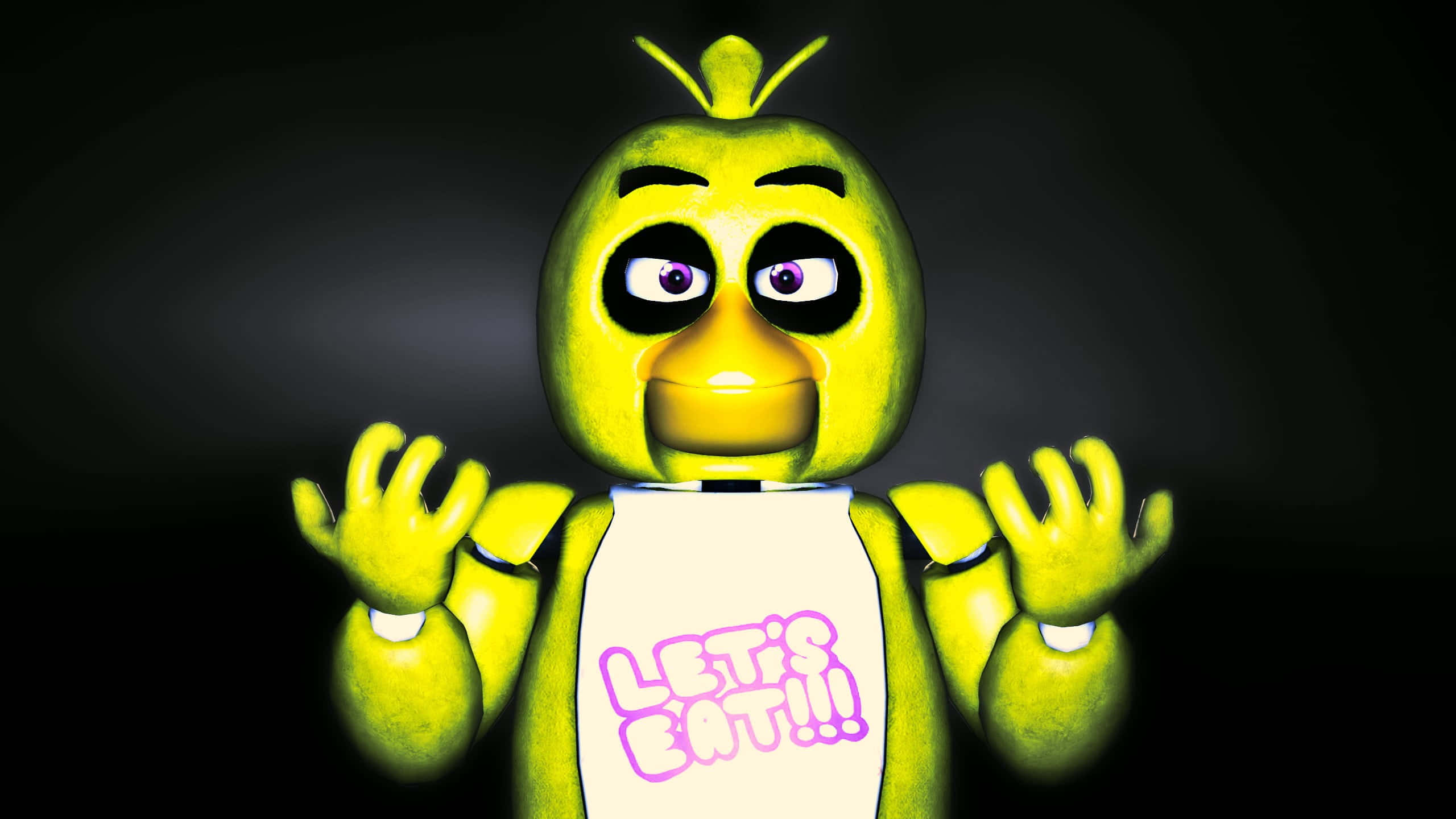 Chica The Chicken 桌布 壁紙 — 一隻發光的黃色電子雞，有著大眼睛，穿著寫有「LET'S EAT!!!」的圍兜，站在深色背景前。