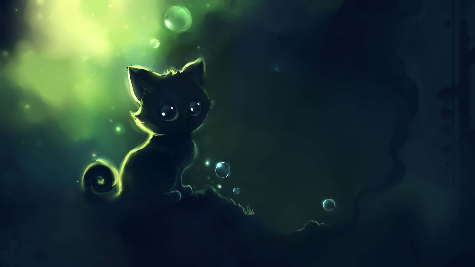 Cute Desktop 桌布 壁紙 — 一隻發光的黑色小貓，有大眼睛，坐在深綠色的水下場景中，周圍有漂浮的氣泡。