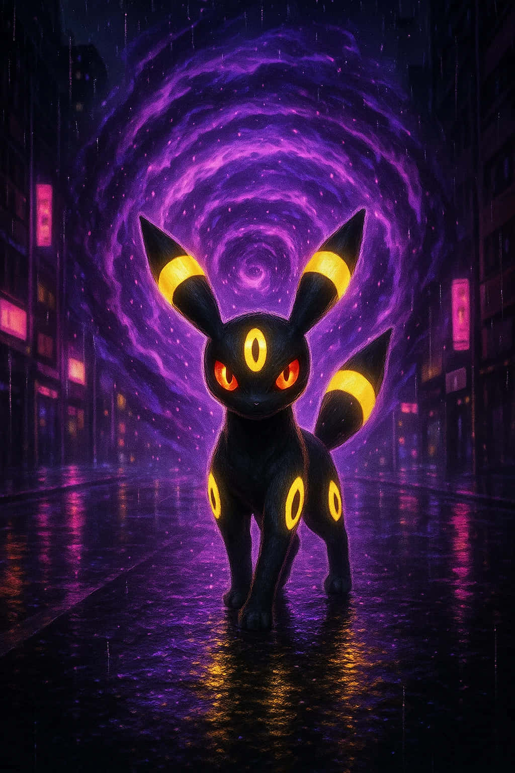 Umbreon Pokemon 4K HD Wallpaper WEBP MOBILE Backgrounds 壁紙 — 一隻發光的黑色月伊布站在下雨的霓虹燈城市街道上，背後形成一個旋轉的紫色漩渦。