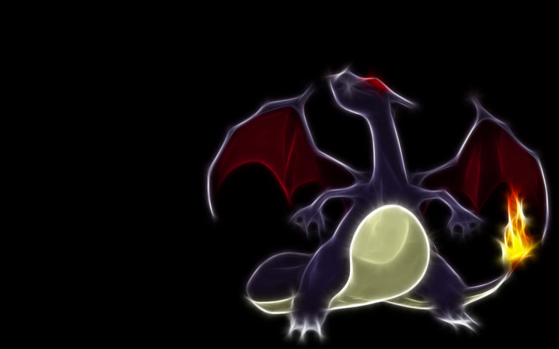 Pokemon Charizard 桌布 壁紙 — 一隻發光的龍，擁有紅色翅膀和火焰尾巴，站在黑色背景前，散發著能量和力量。