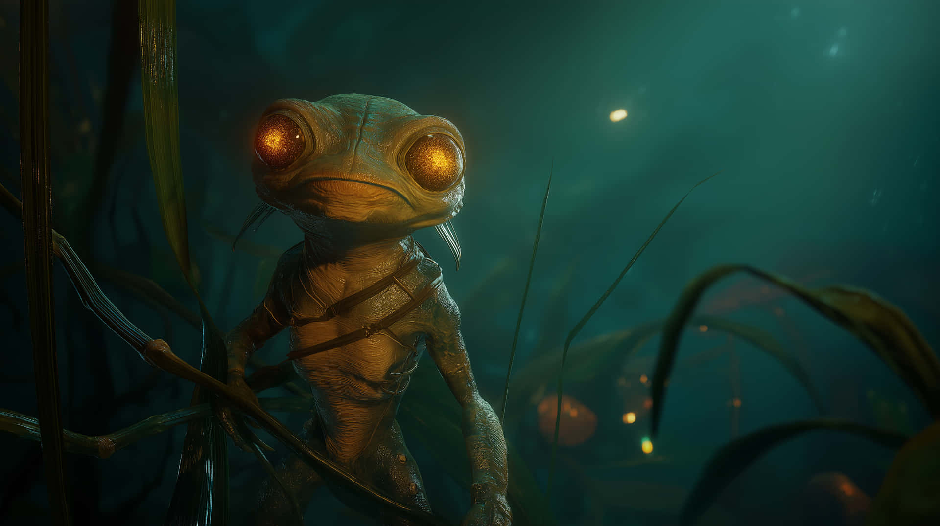 Photorealistic alien creature standing in a misty jungle 壁紙 — 一隻發光眼睛、皮膚有紋理的兩棲生物，站在渾濁藍綠色環境中的水下植物之間。