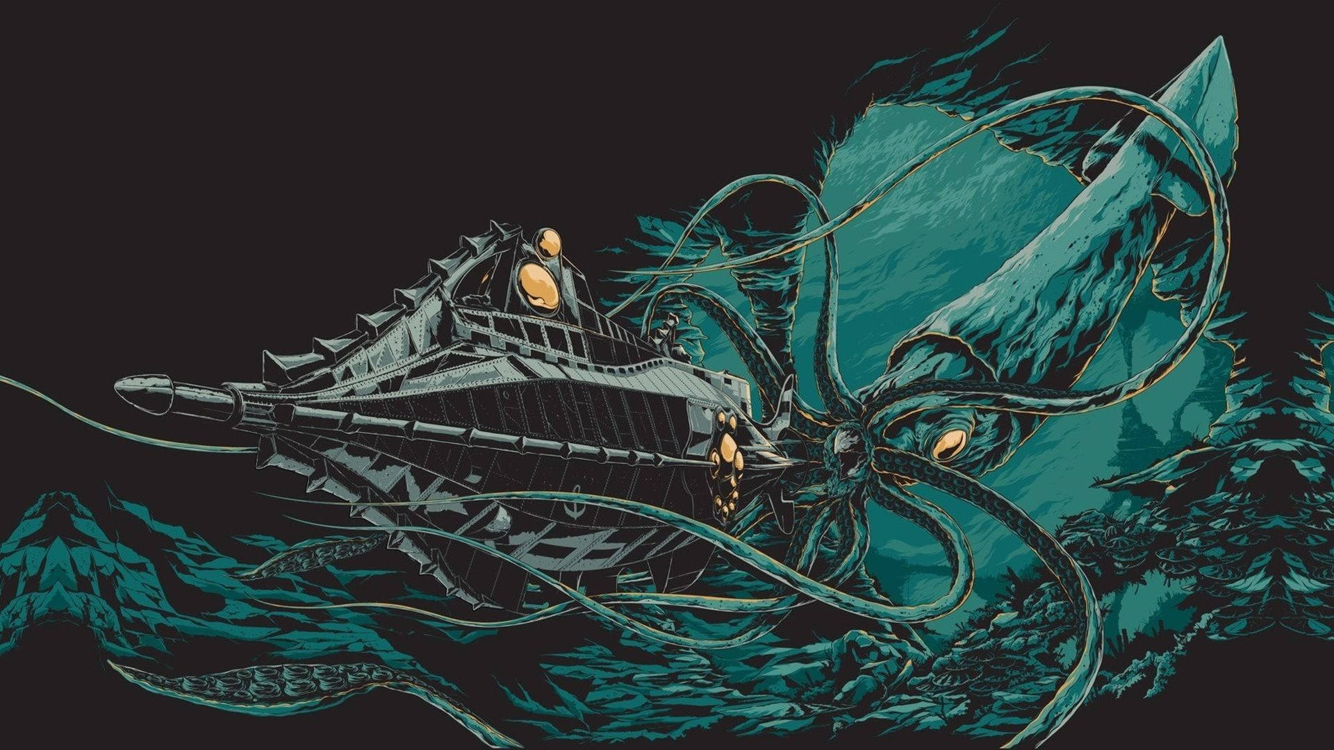 squid 桌布 壁紙 — 一隻發光眼睛的巨型魷魚在深藍綠色水域攻擊一艘正在下沉的船。