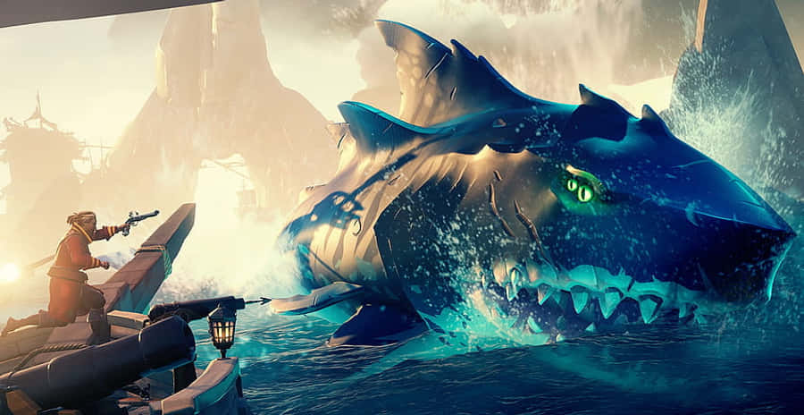 電玩遊戲 桌布 壁紙 — 一隻發光眼睛的巨型鯊魚衝破海浪，而一名水手在霧氣籠罩的懸崖附近從木船上發射大炮。