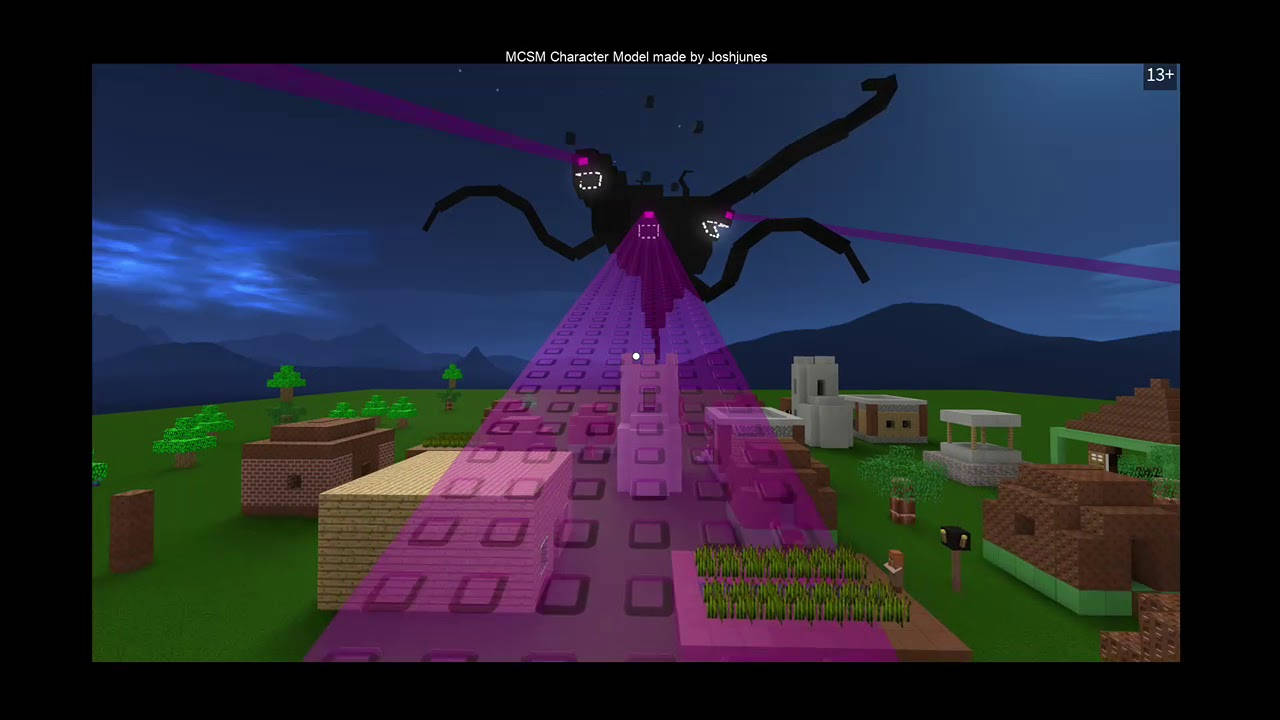 Wither 桌布 壁紙 — 一隻發光眼睛的巨型黑色蜘蛛盤旋在像素化村莊上空，沿著中央小路投射出紫色光束。