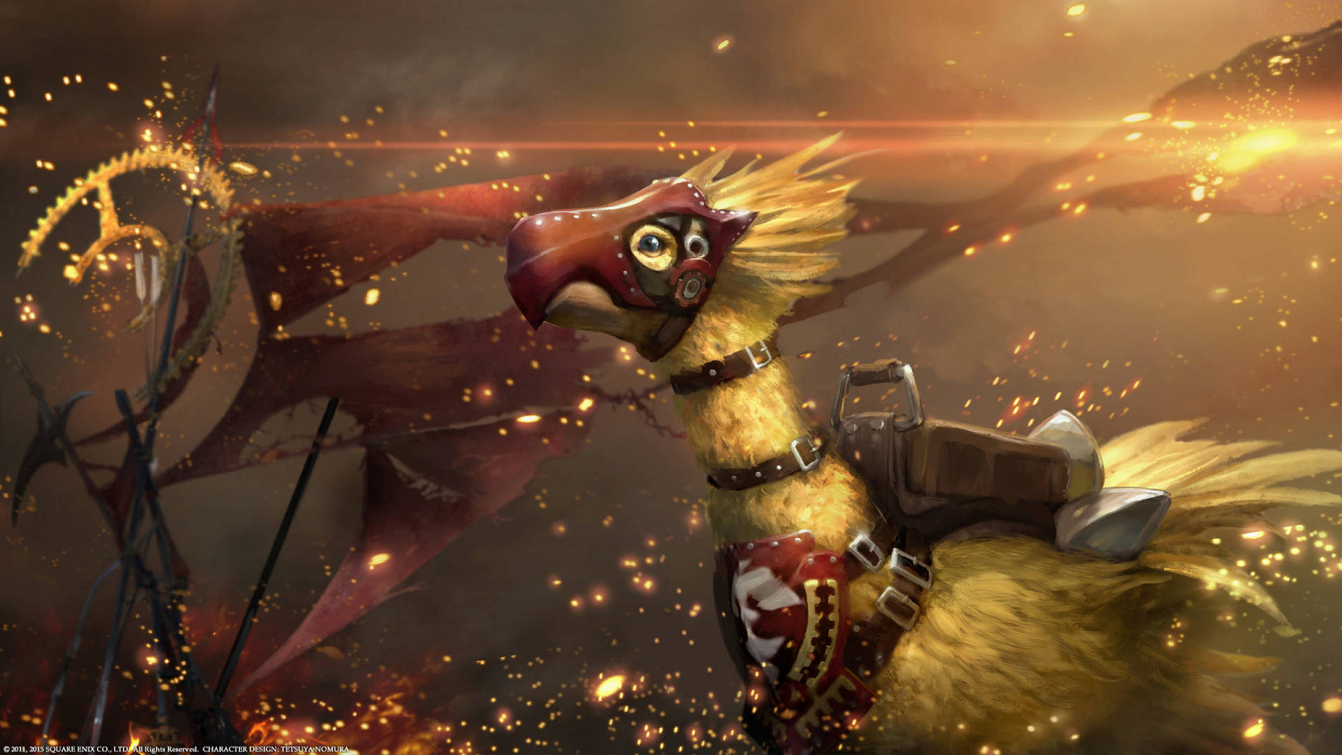 dota 2 4K 桌布 壁紙 — 一隻發光眼睛的火焰裝甲鳥在煙霧彌漫的戰場上翱翔，火花在其機械翅膀周圍飛舞。
