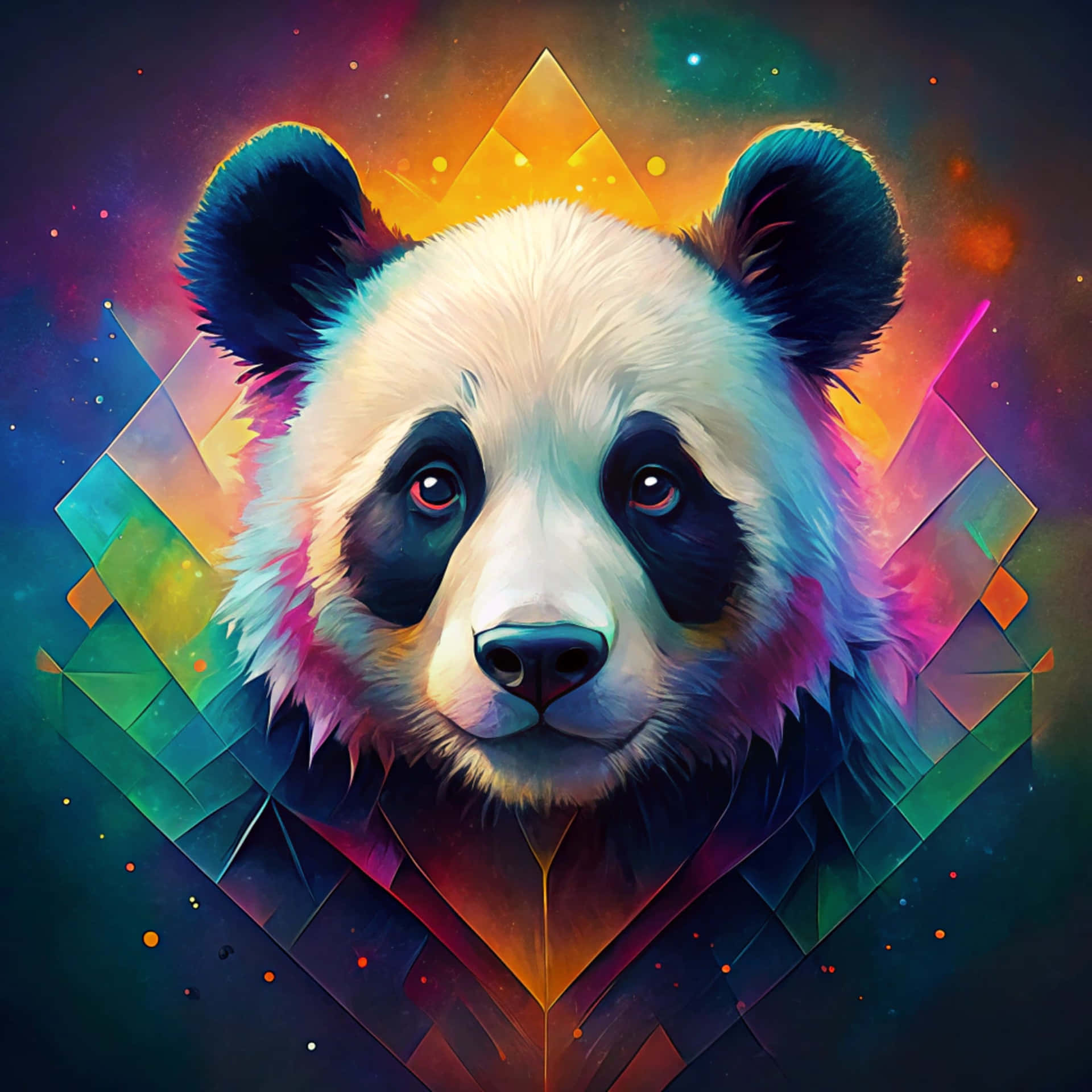 Panda 壁紙 — 一隻發光眼睛的熊貓的鮮豔數位肖像，以色彩繽紛的幾何形狀框住，背景是宇宙星雲。