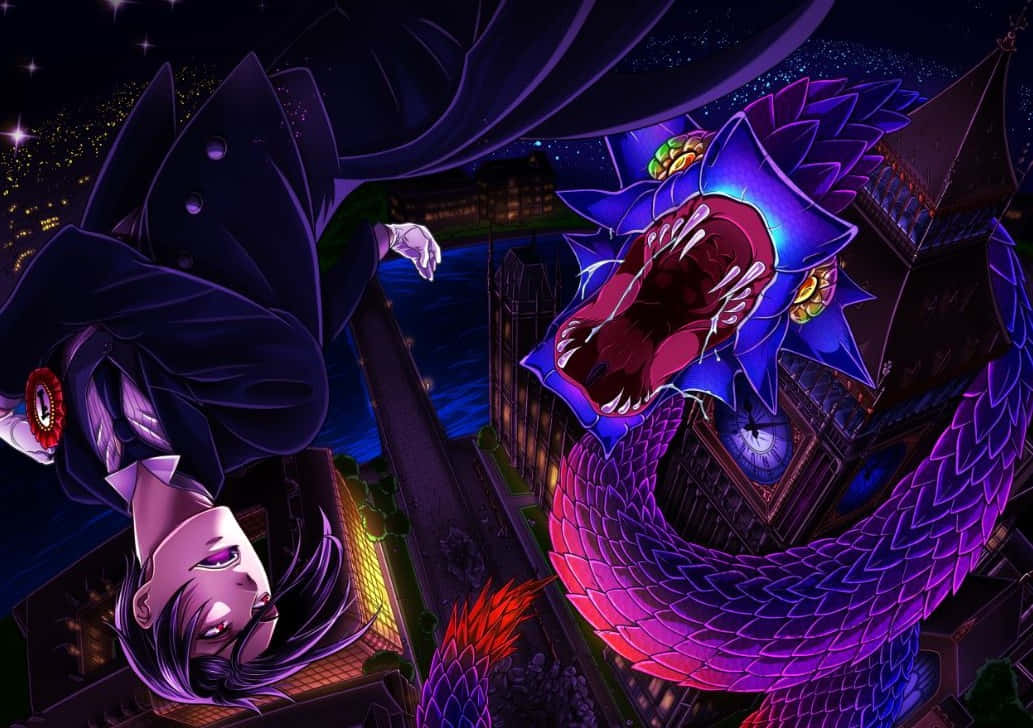 sebastian michaelis 桌布 壁紙 — 一隻發光眼睛的紫色巨龍在城市景觀上空咆哮，一個身穿深色外套的斗篷人物在繁星點點的夜空下觀望。