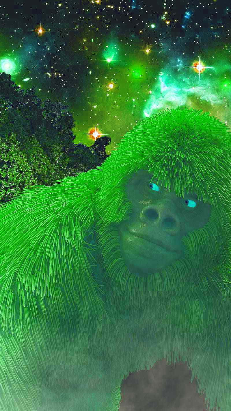 Gorilla 桌布 壁紙 — 一隻發光綠色、藍色眼睛的大猩猩在充滿活力的星雲星空下的森林中凝視。