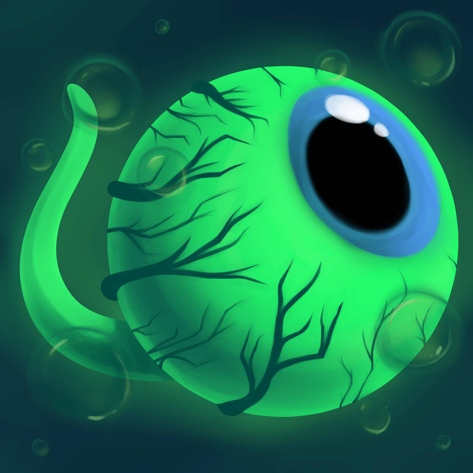 Jacksepticeye 桌布 壁紙 — 一隻發光綠色外星眼睛，帶有深色血管和氣泡，漂浮在渾濁的水下黑暗中。