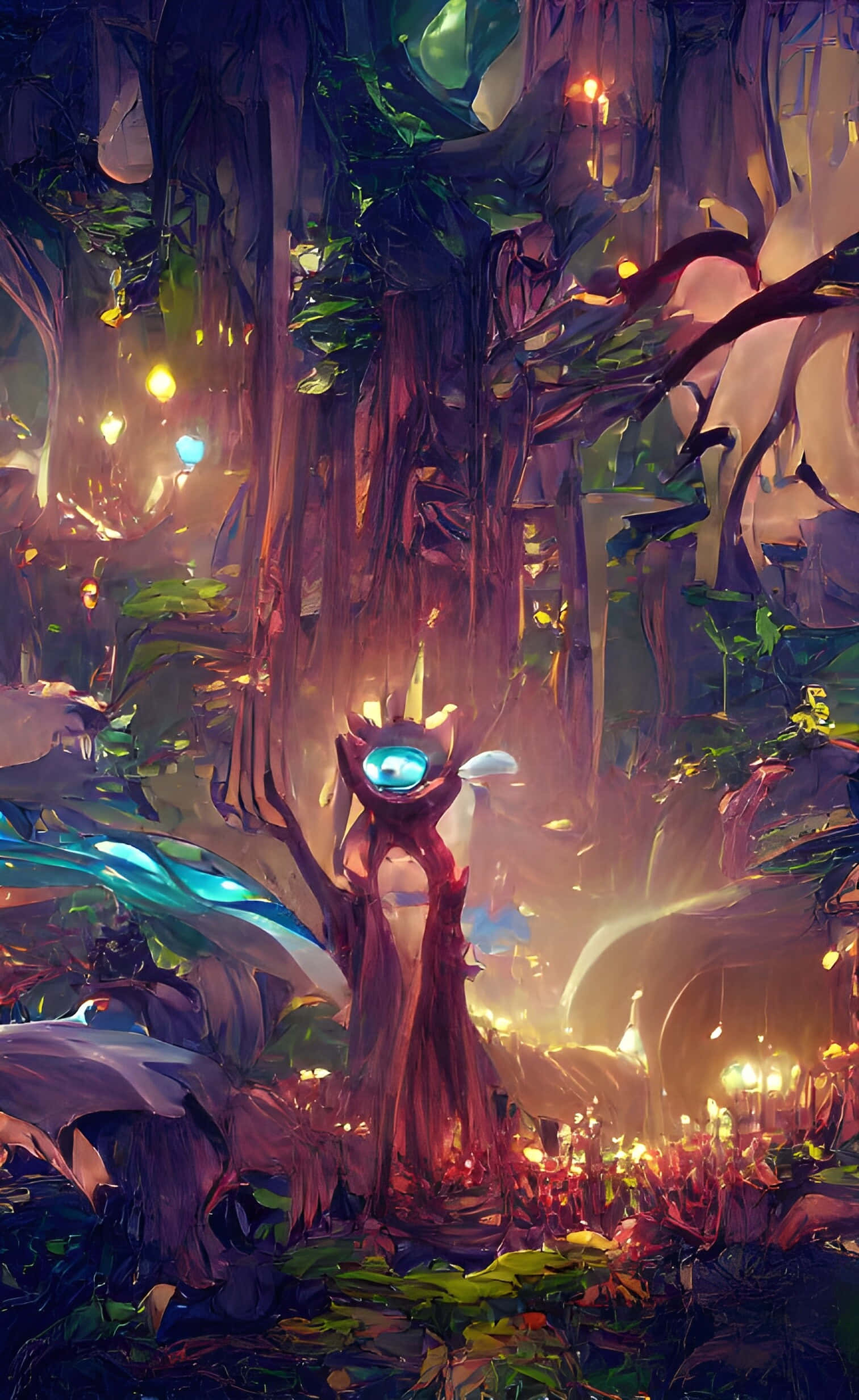 Game Art 桌布 壁紙 — 一隻發光藍眼睛的生物站在一個神秘的森林中，周圍有生物發光的植物和沐浴在溫暖金色光線中的高聳樹木。