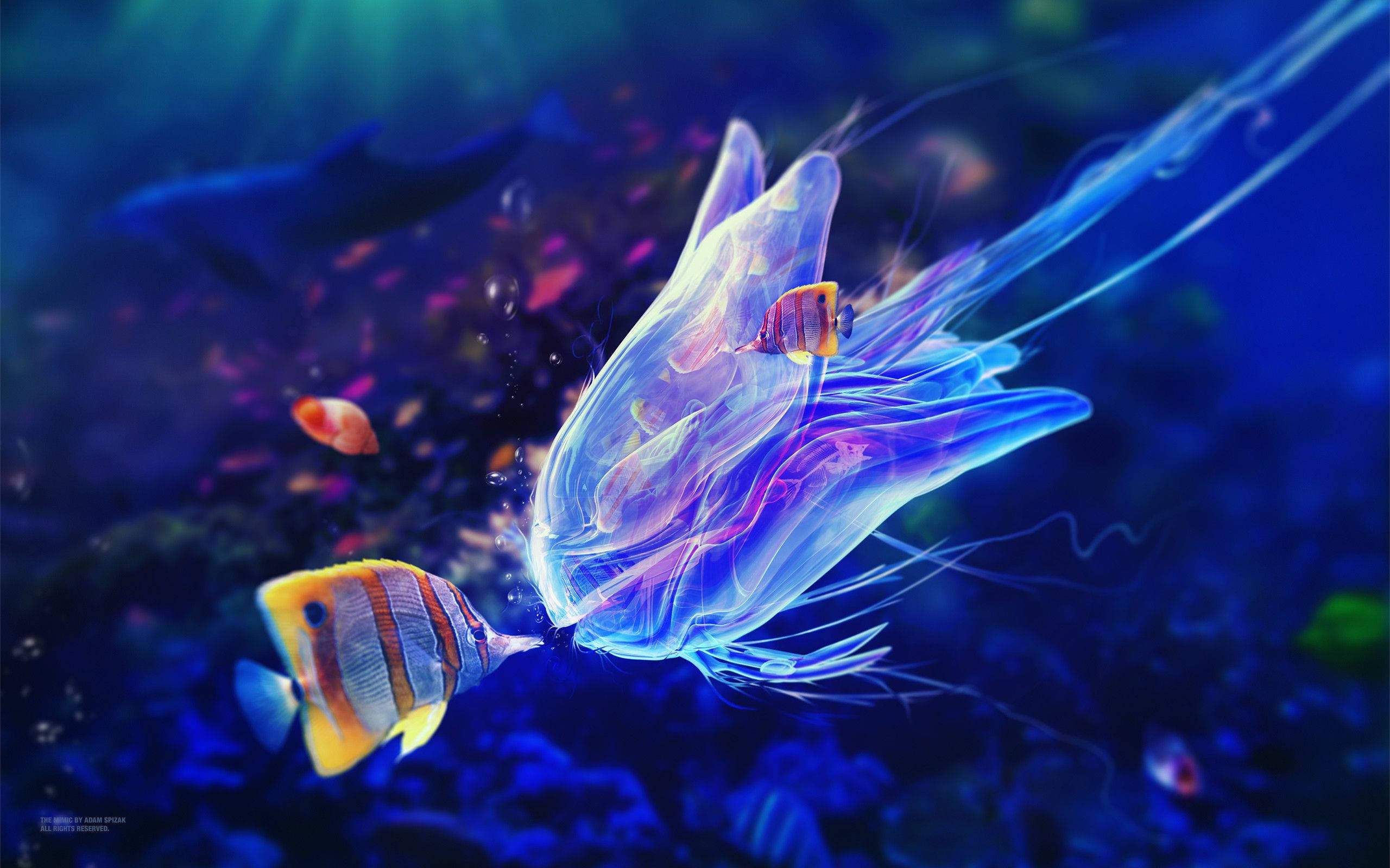 Cool Fish 桌布 壁紙 — 一隻發光藍色水母體內有一條小魚，在深海中漂流，陽光從上方照射下來。