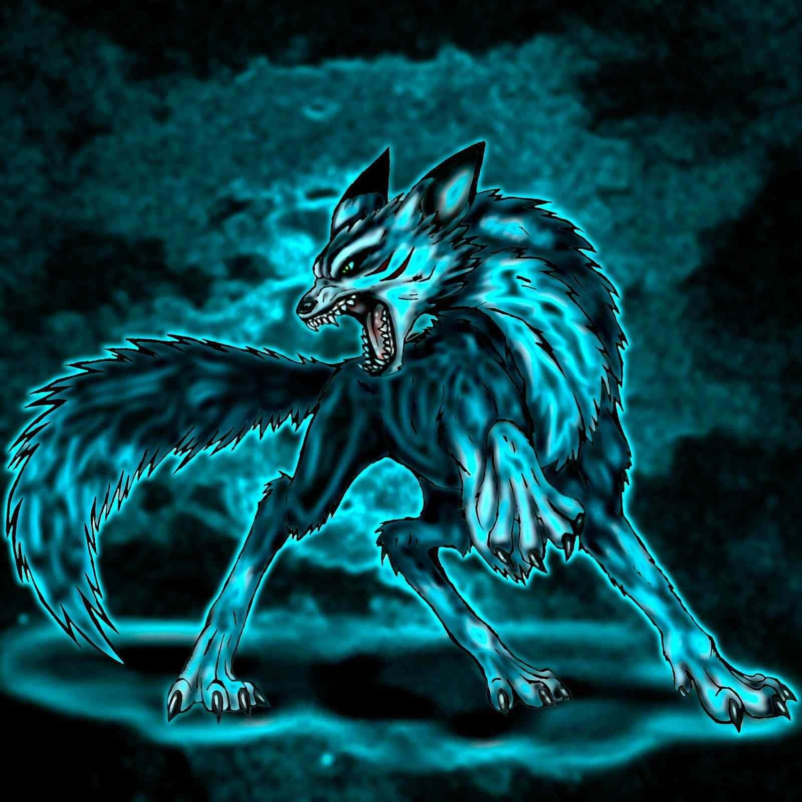 Epic Wolf 桌布 壁紙 — 一隻發光藍色狼人，擁有尖銳的牙齒和爪子，在黑暗風暴背景中咆哮。