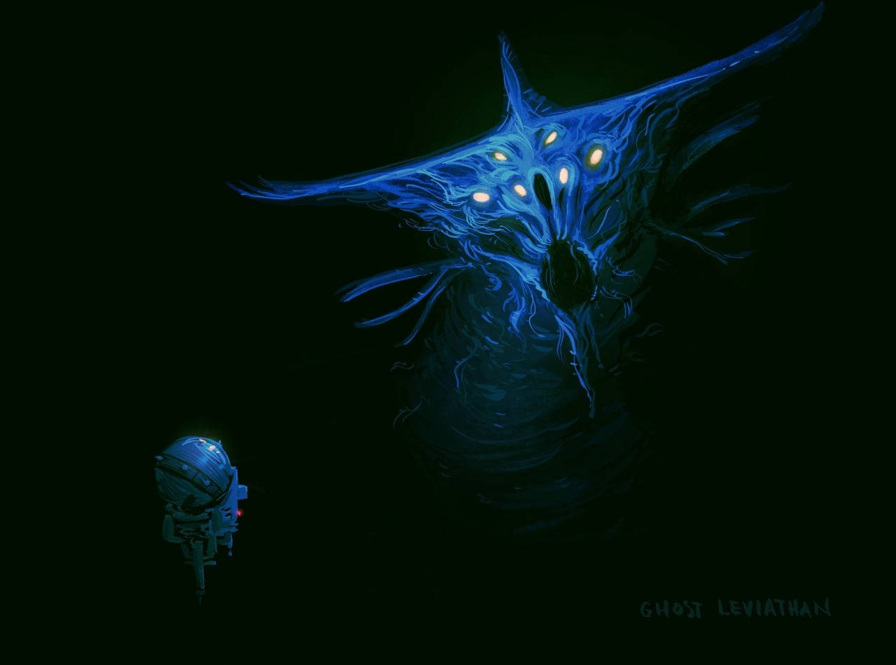 ghost leviathan 桌布 壁紙 — 一隻發光藍色鬼魅般的利維坦，眼睛發光，籠罩著深空中的一個小小太空人。