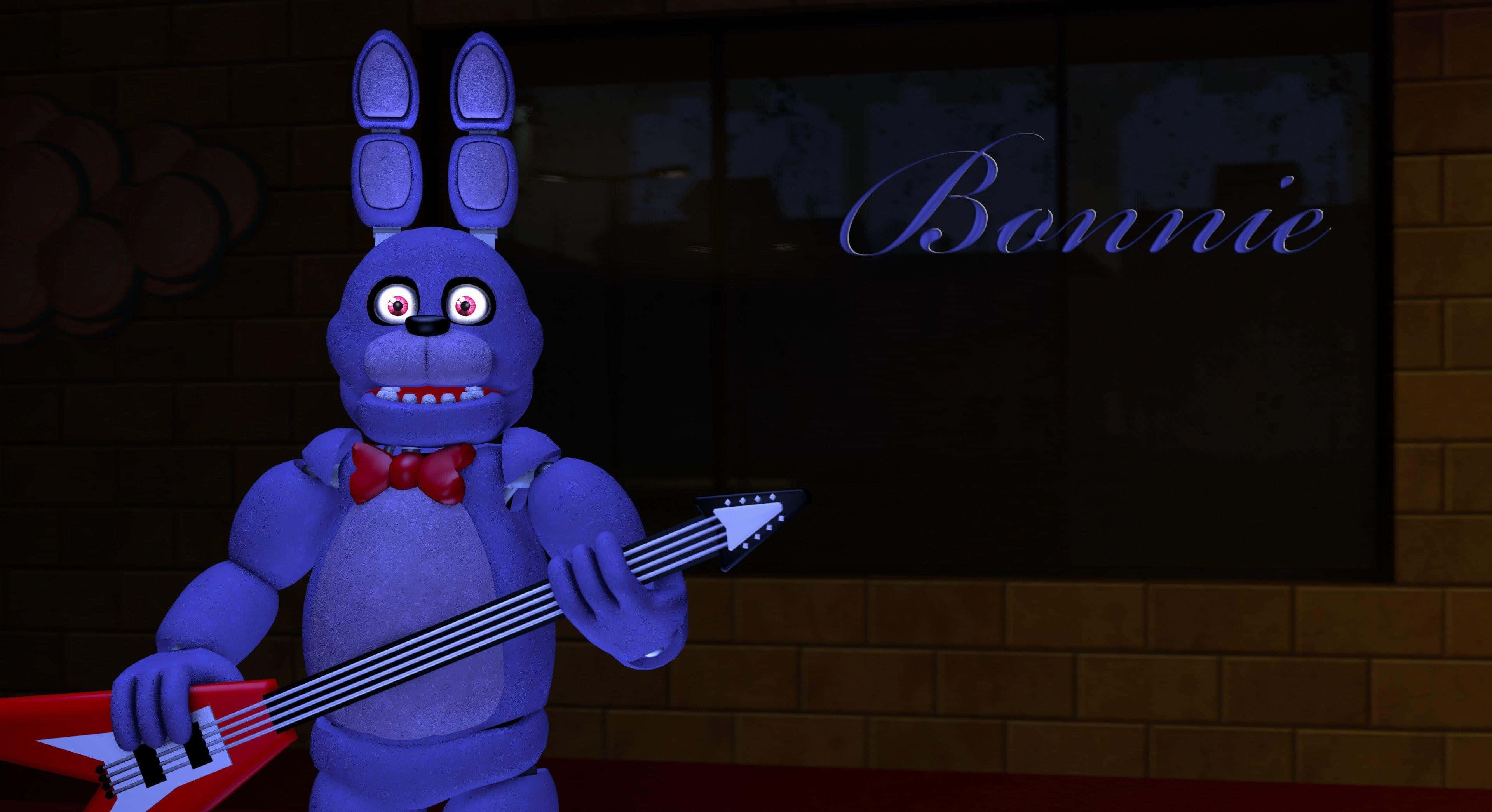 Bonnie The Bunny 桌布 壁紙 — 一隻發著光的藍色電子動畫兔子，在昏暗的磚房裡拿著一把紅色低音吉他，神情兇猛。