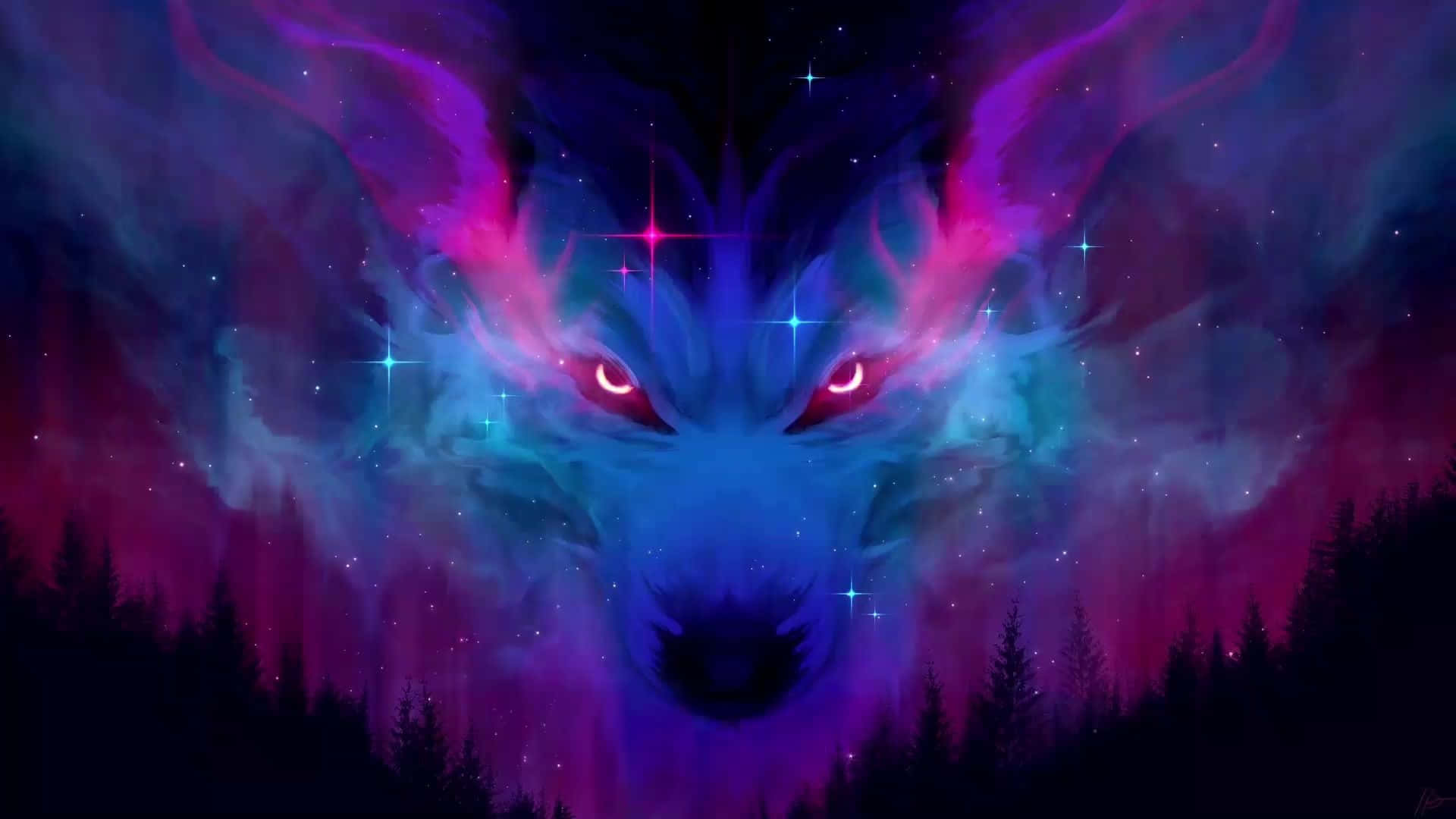 Pink Wolf 桌布 壁紙 — 一隻發著紅光的宇宙狼從充滿活力的星雲中浮現，下方是黑暗森林的輪廓。