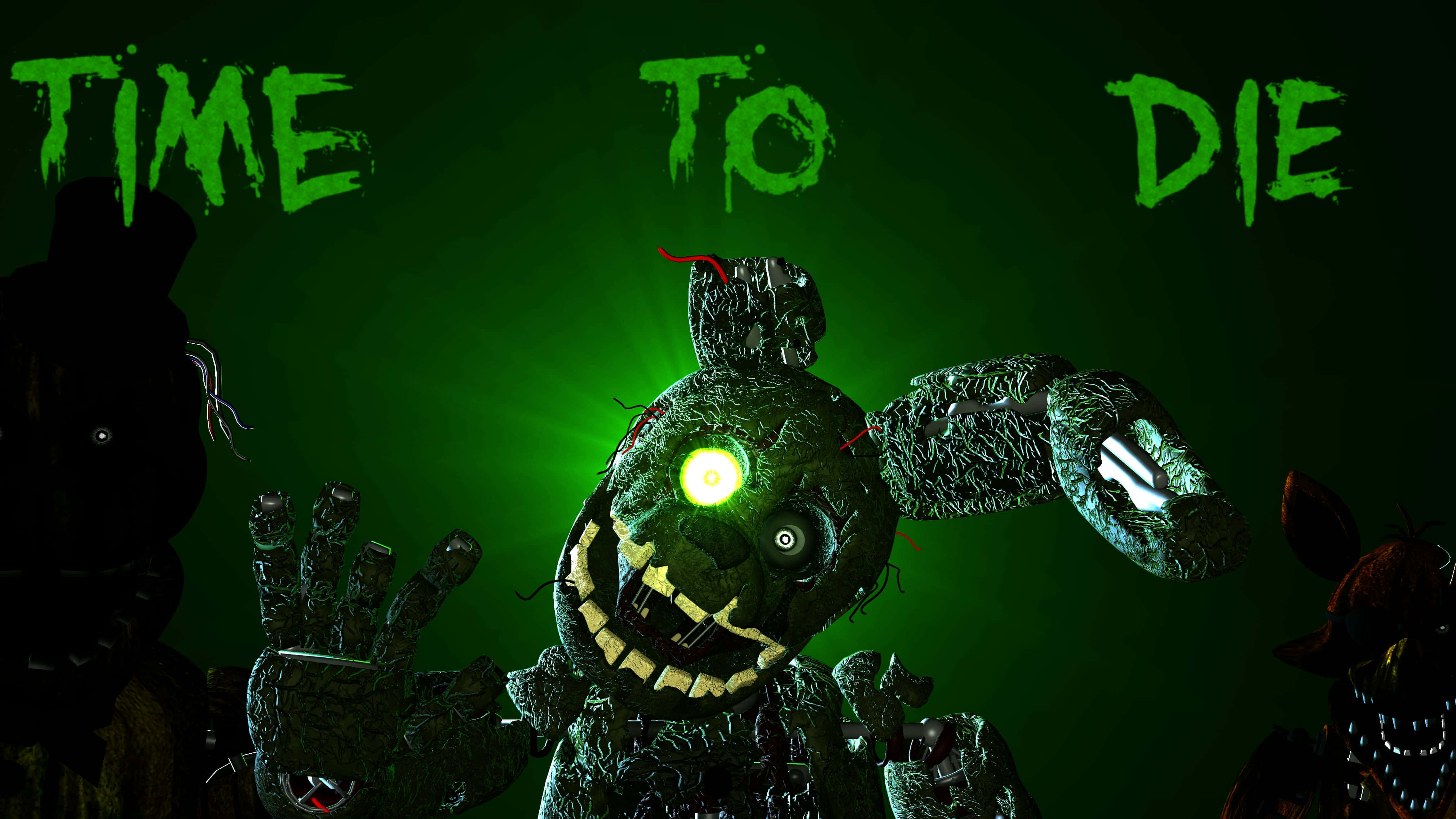 Springtrap 桌布 壁紙 — 一隻發著綠光的威脅性電子兔，眼睛發光，牙齒破損，在黑暗背景上浮現，帶有「TIME TO DIE」文字。