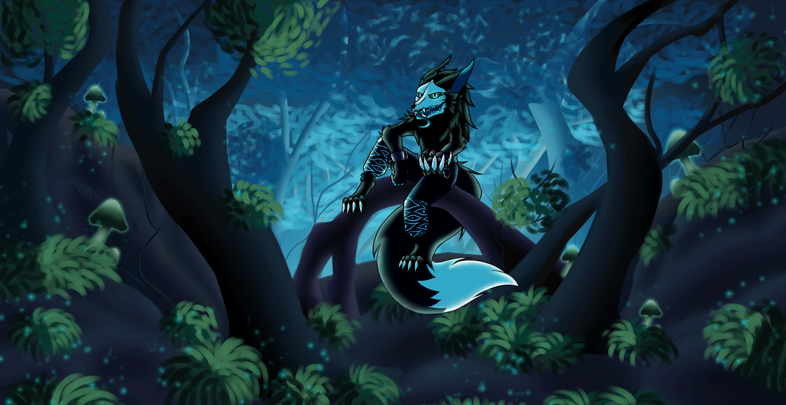 Deviantart 桌布 壁紙 — 一隻發著藍光、毛皮藍色、長著尖牙的狐狸狀生物，在夜晚棲息於黑暗神秘森林的樹枝上。