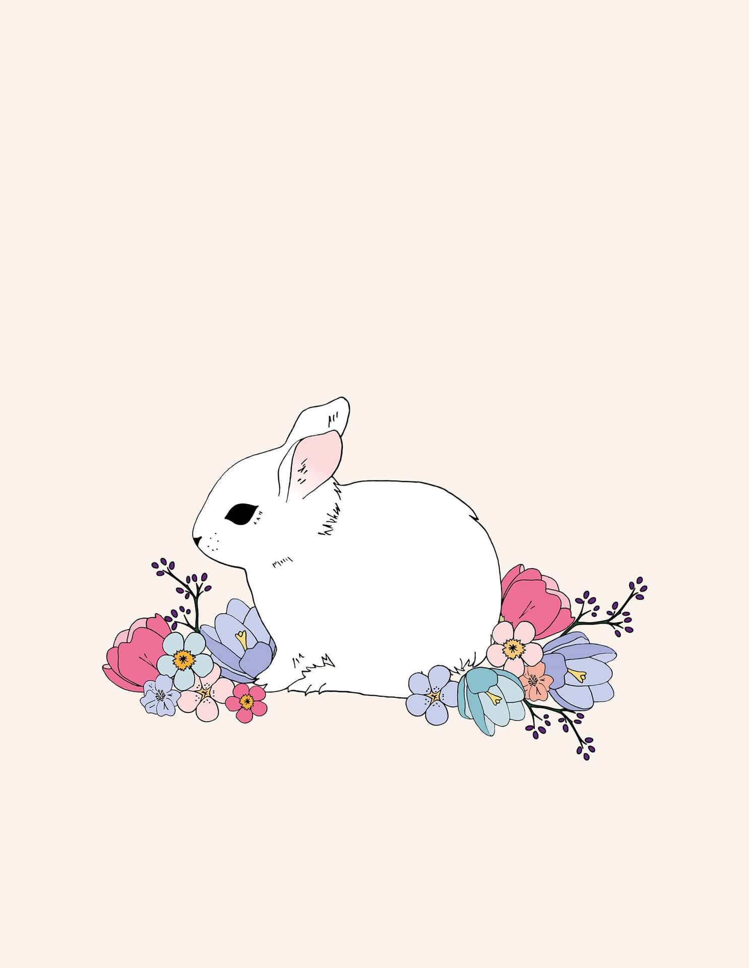 Kawaii Bunny 桌布 壁紙 — 一隻白兔依偎在柔軟米色背景上的粉彩粉紅和藍色花朵之間。
