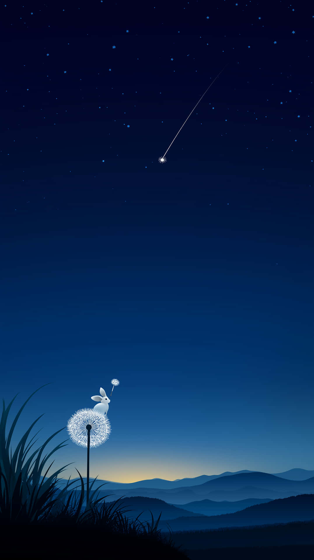 Little Rabbit Gazing at Shooting Star on Dandelion 壁紙 — 一隻白兔坐在發光的蒲公英上，一顆流星劃過遠山之上繁星點點的暮色天空。