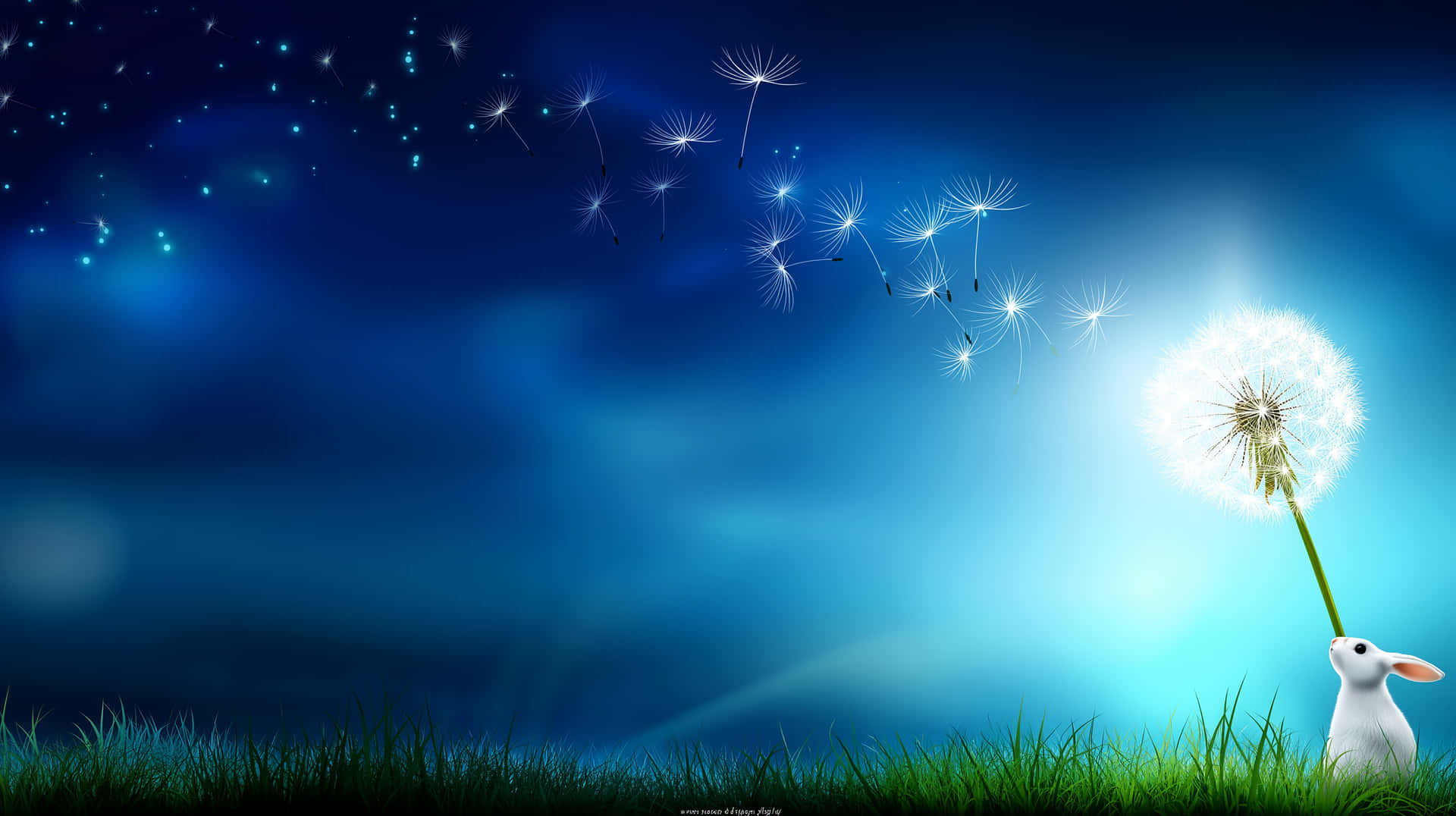 Tiny Rabbit Gazing at Dandelion Seeds Floating in Sky 壁紙 — 一隻白兔將蒲公英種子吹向綠草上方繁星點點的藍天。