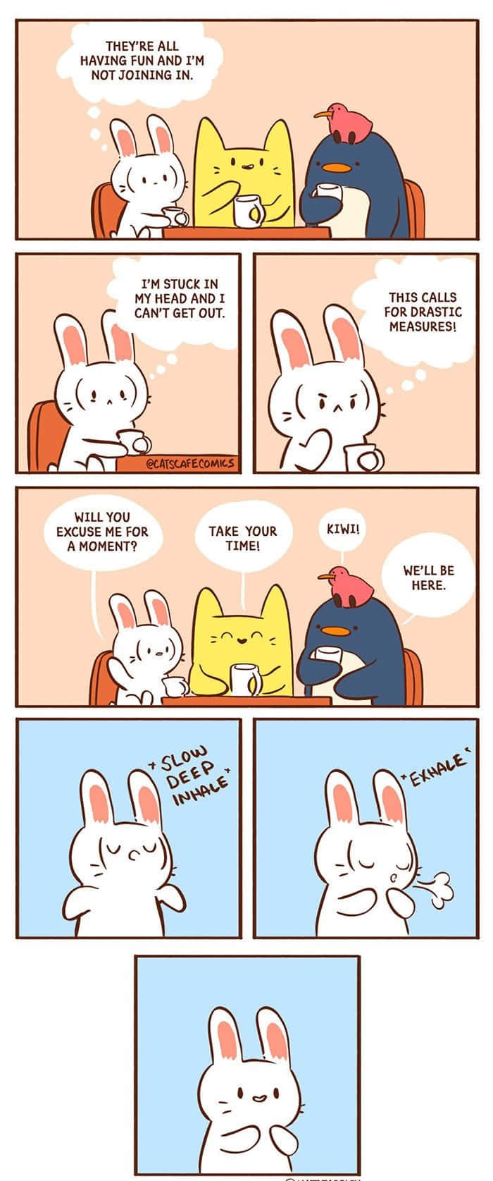 Internet Meme 桌布 壁紙 — 一隻白兔的頭被卡住，牠深吸一口氣然後戲劇性地呼出，計劃逃脫，而朋友們耐心等待。