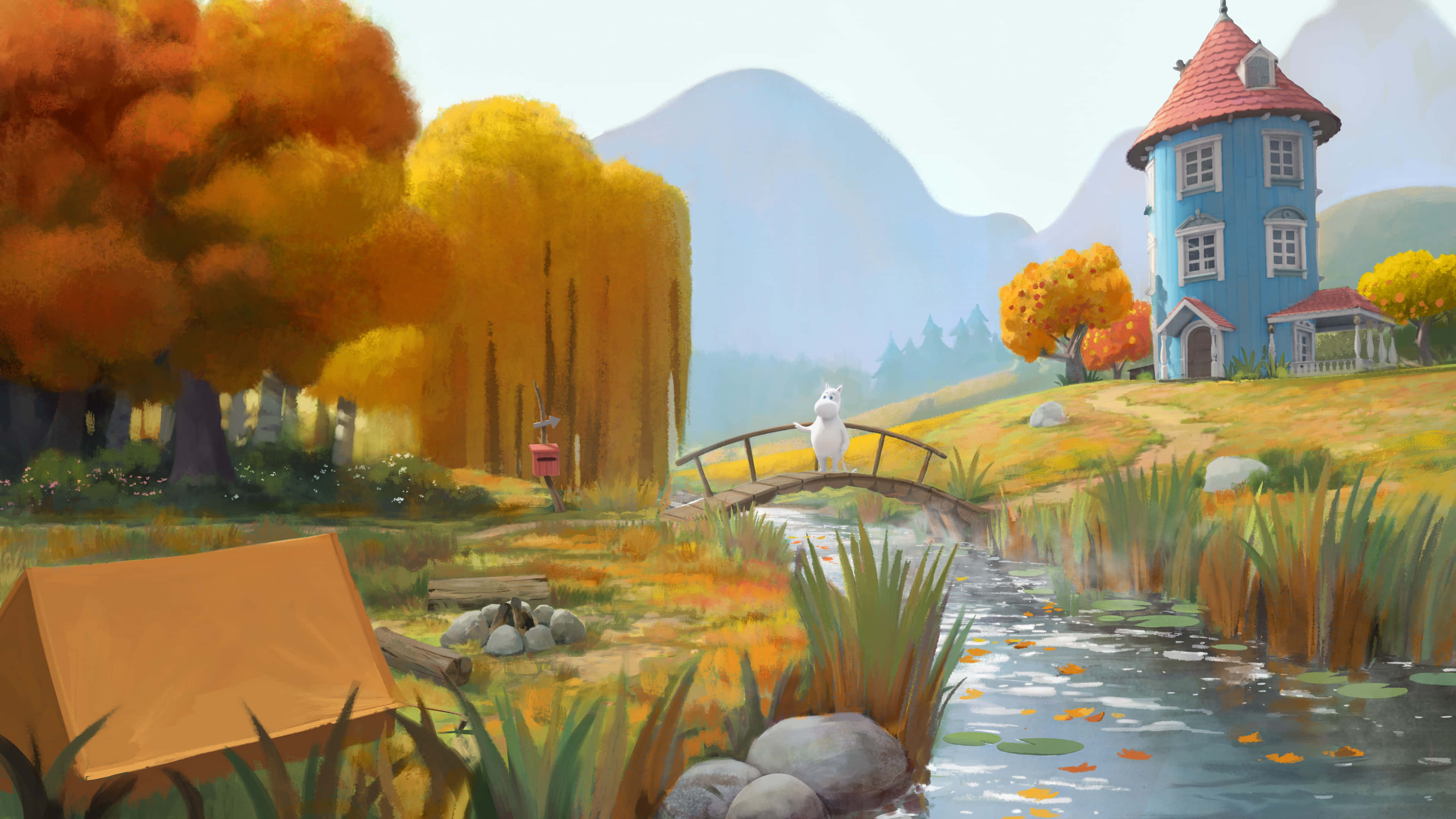 Moomin Desktop 桌布 壁紙 — 一隻白兔站在一條橫跨小溪的木橋上，溪中有睡蓮，秋天的樹木和一間藍色的房子點綴著風景如畫的景色。