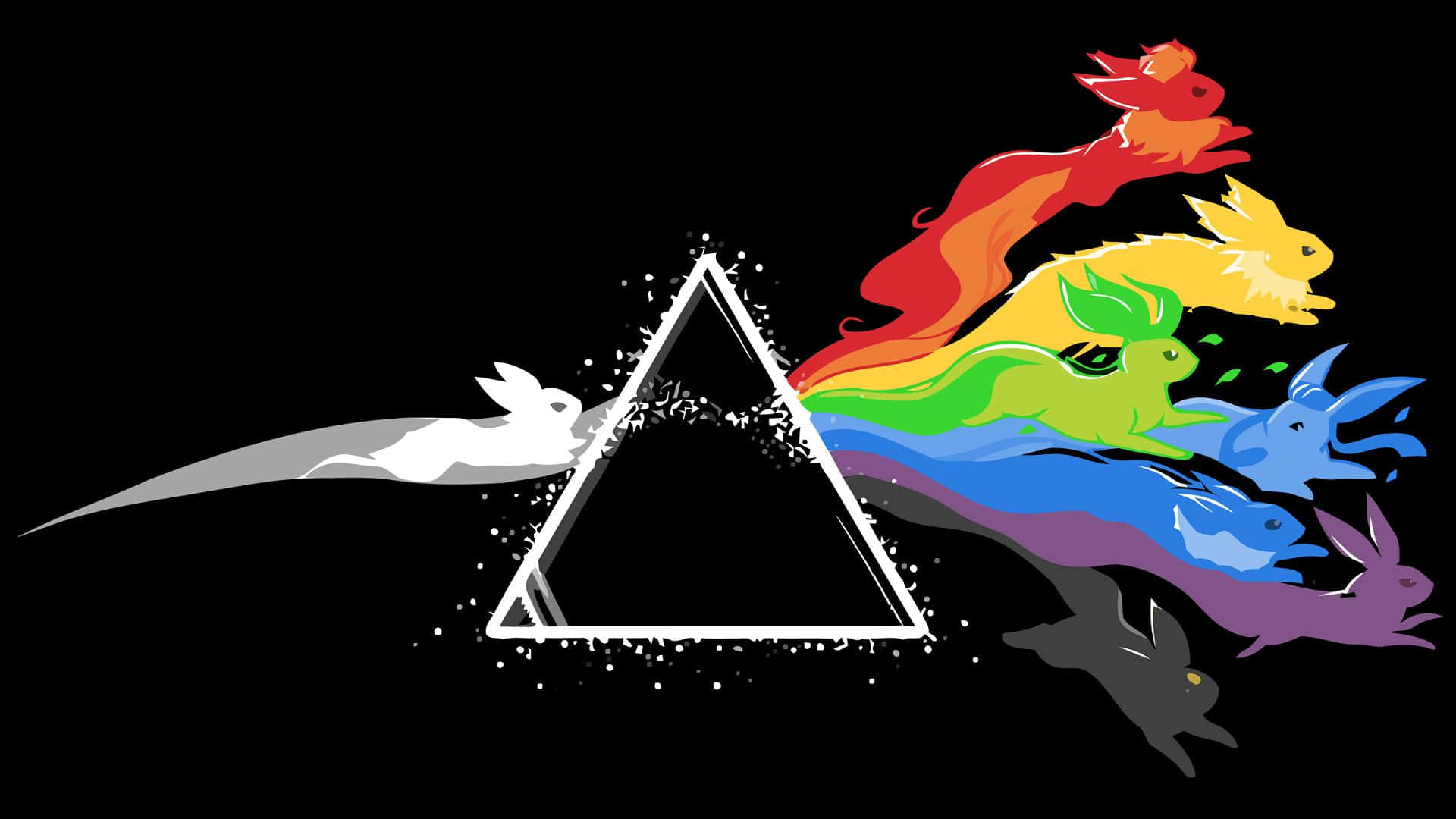 Eeveelutions 桌布 壁紙 — 一隻白兔衝過稜鏡，爆炸成七隻彩虹色的兔子，背景為黑色。
