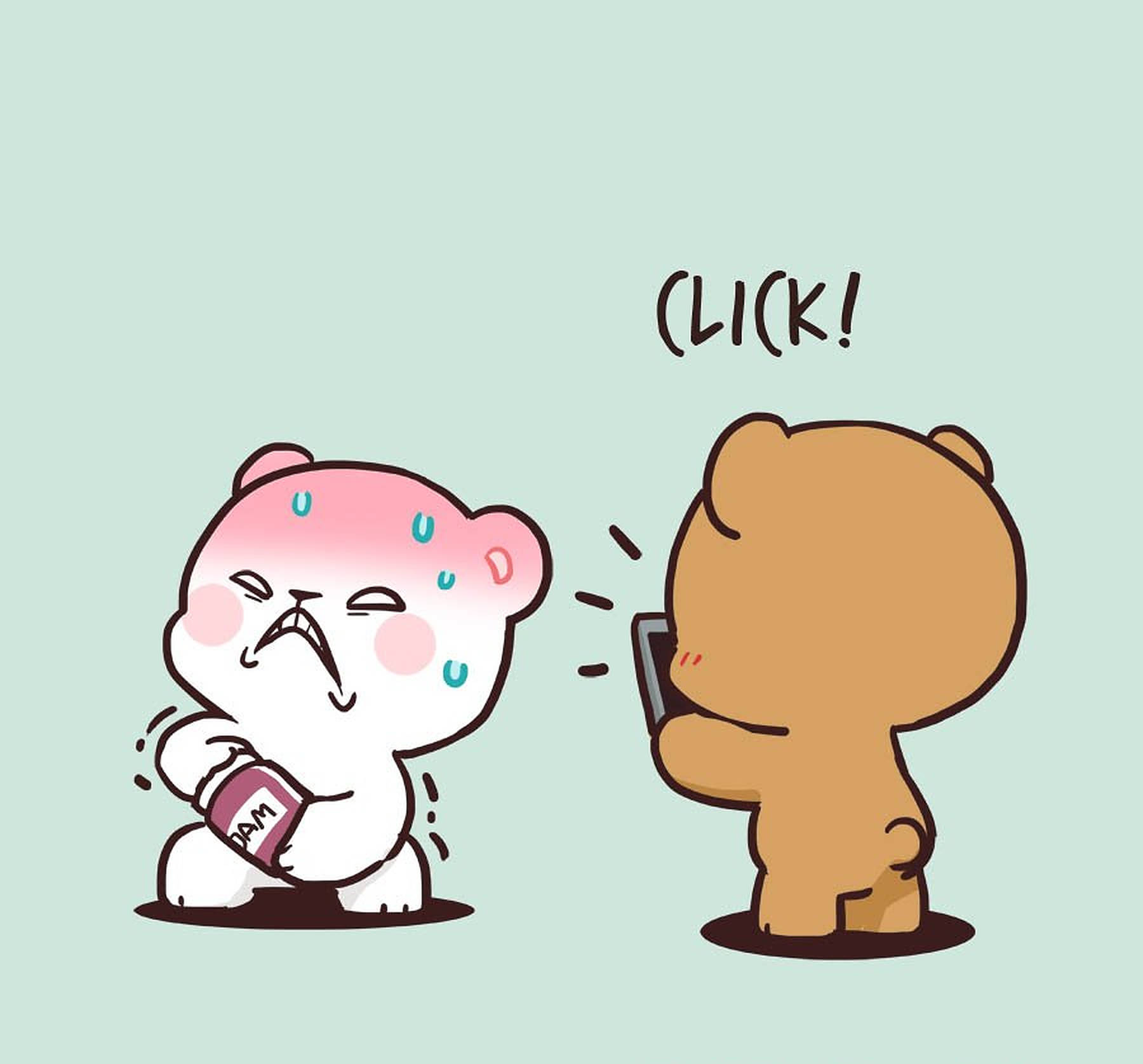 milk and mocha 桌布 壁紙 — 一隻白熊痛苦地扭動，而一隻棕熊則用標有「CLICK!」的電話拍照。