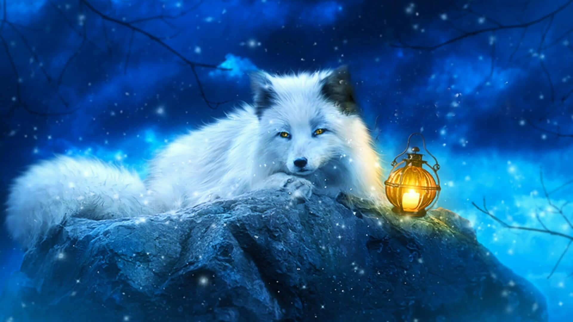 北極狐 桌布 壁紙 — 一隻白狐在星光閃爍的藍色夜空下，在雪覆蓋的岩石上休息，旁邊有一盞發光的燈籠。