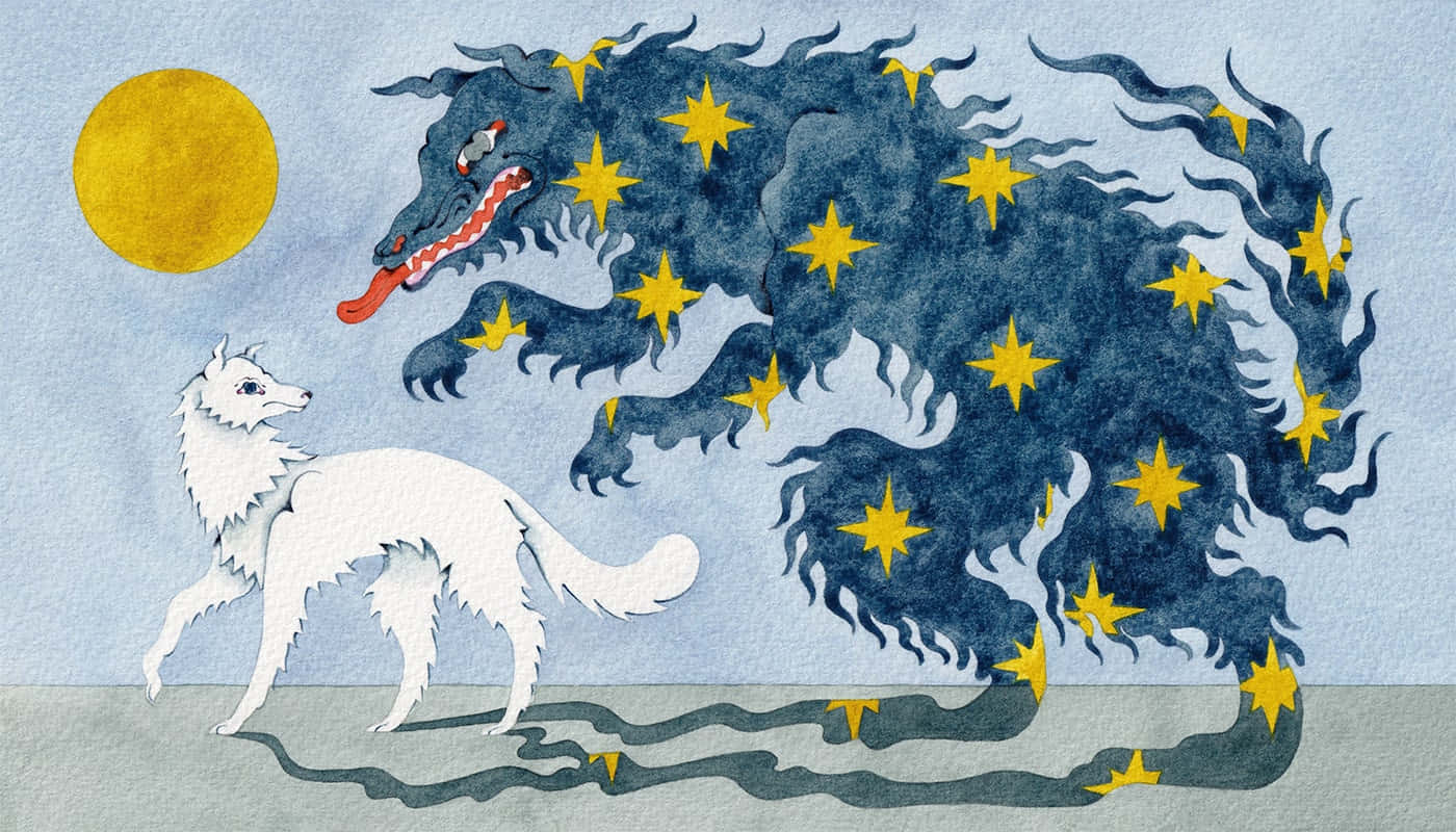 Mythical Wolf 桌布 壁紙 — 一隻白狐平靜地站在一顆閃爍黃色太陽下、滿佈星星的深藍色龍面前。