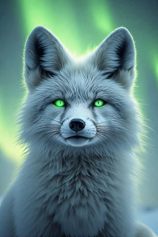 Northern Lights in Arctic Fox Eyes Wildlife 4K 壁紙 — 一隻白狐狸的特寫，擁有發光的綠色眼睛，在柔和的綠色和藍色模糊背景前專注地凝視。