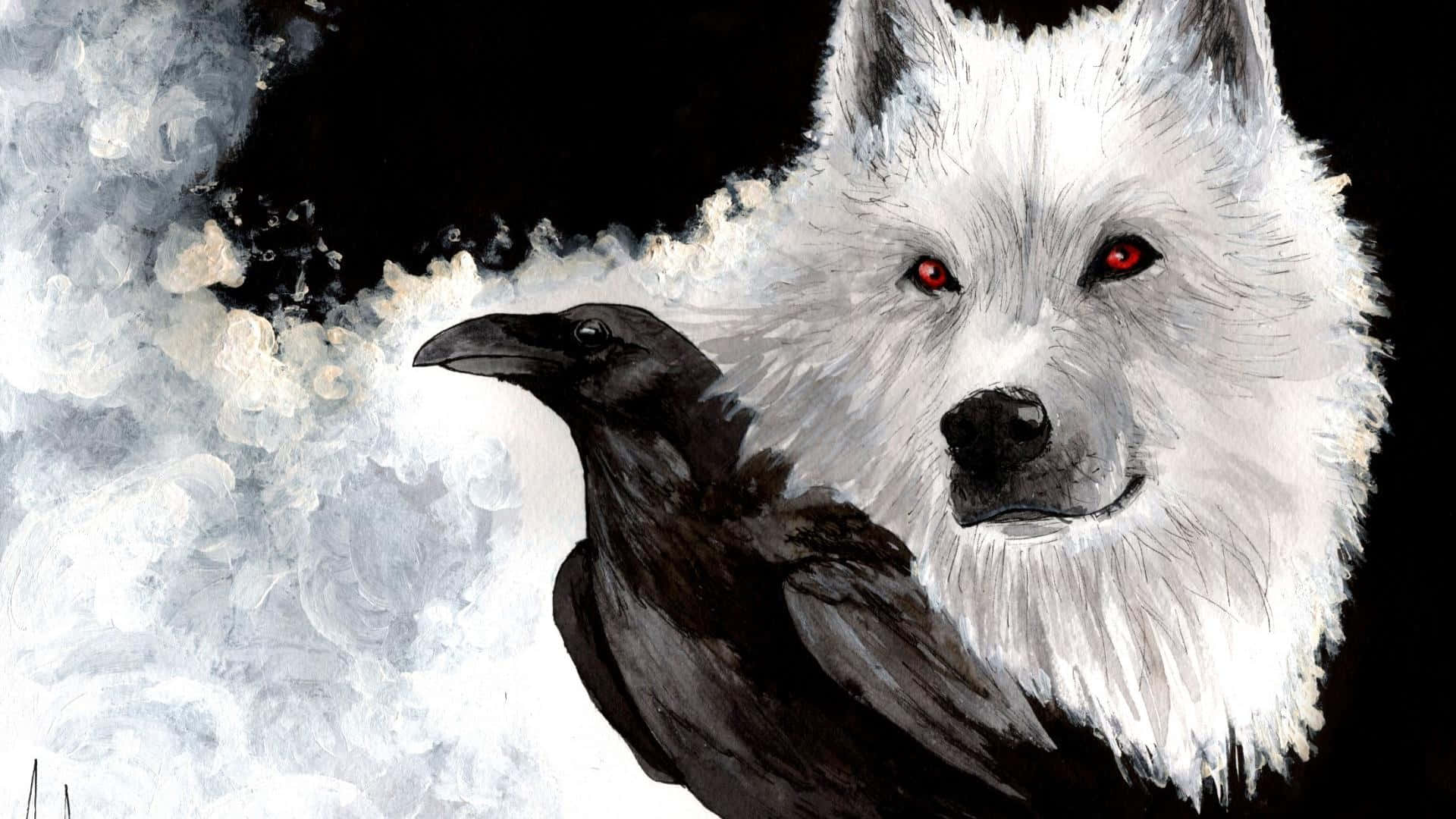 Dire Wolf 桌布 壁紙 — 一隻白狼擁有發光的紅眼睛和一隻黑烏鴉一起棲息在雪景背景上。