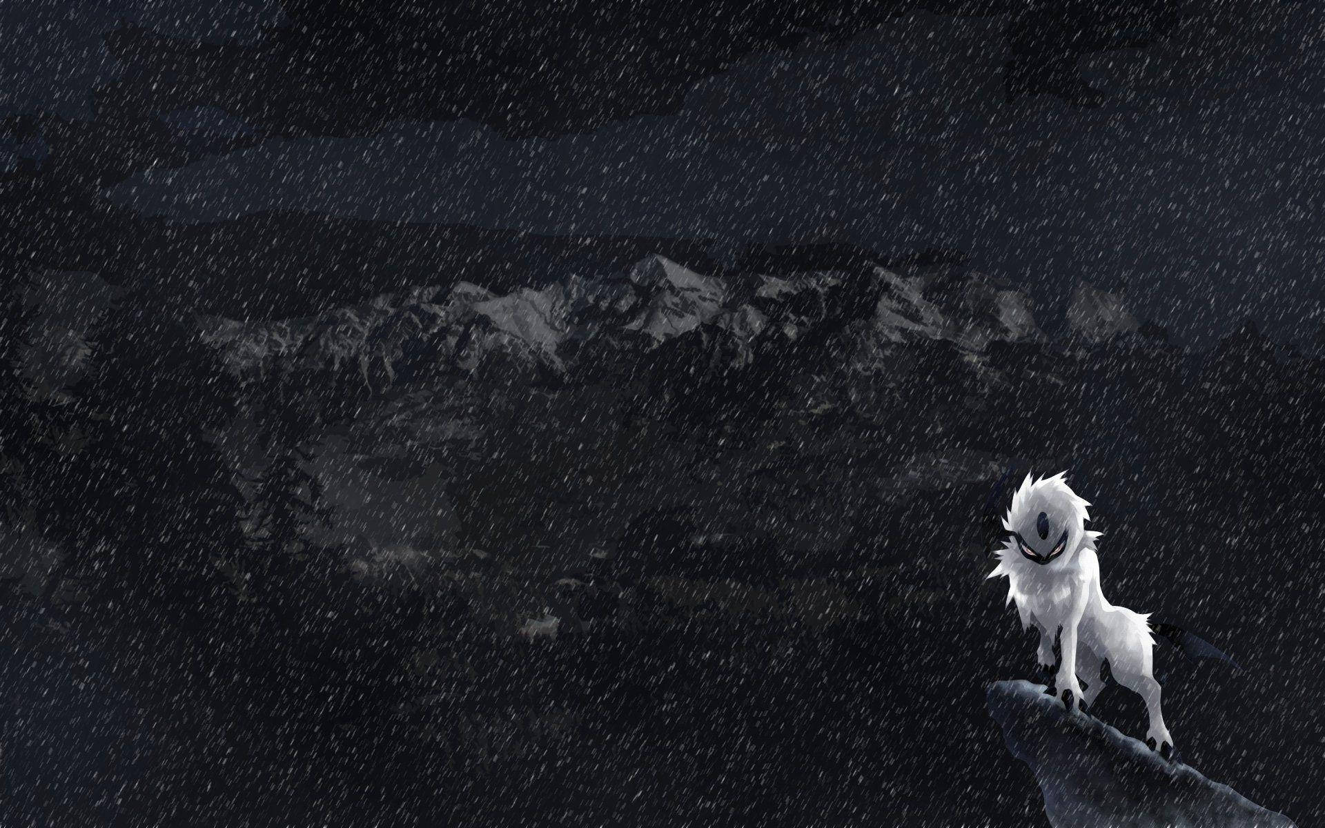 寶可夢 桌布 壁紙 — 一隻白狼站在白雪覆蓋的懸崖上，在黑暗暴風雨的天空下，雪花飄落在遠方的山脈上。