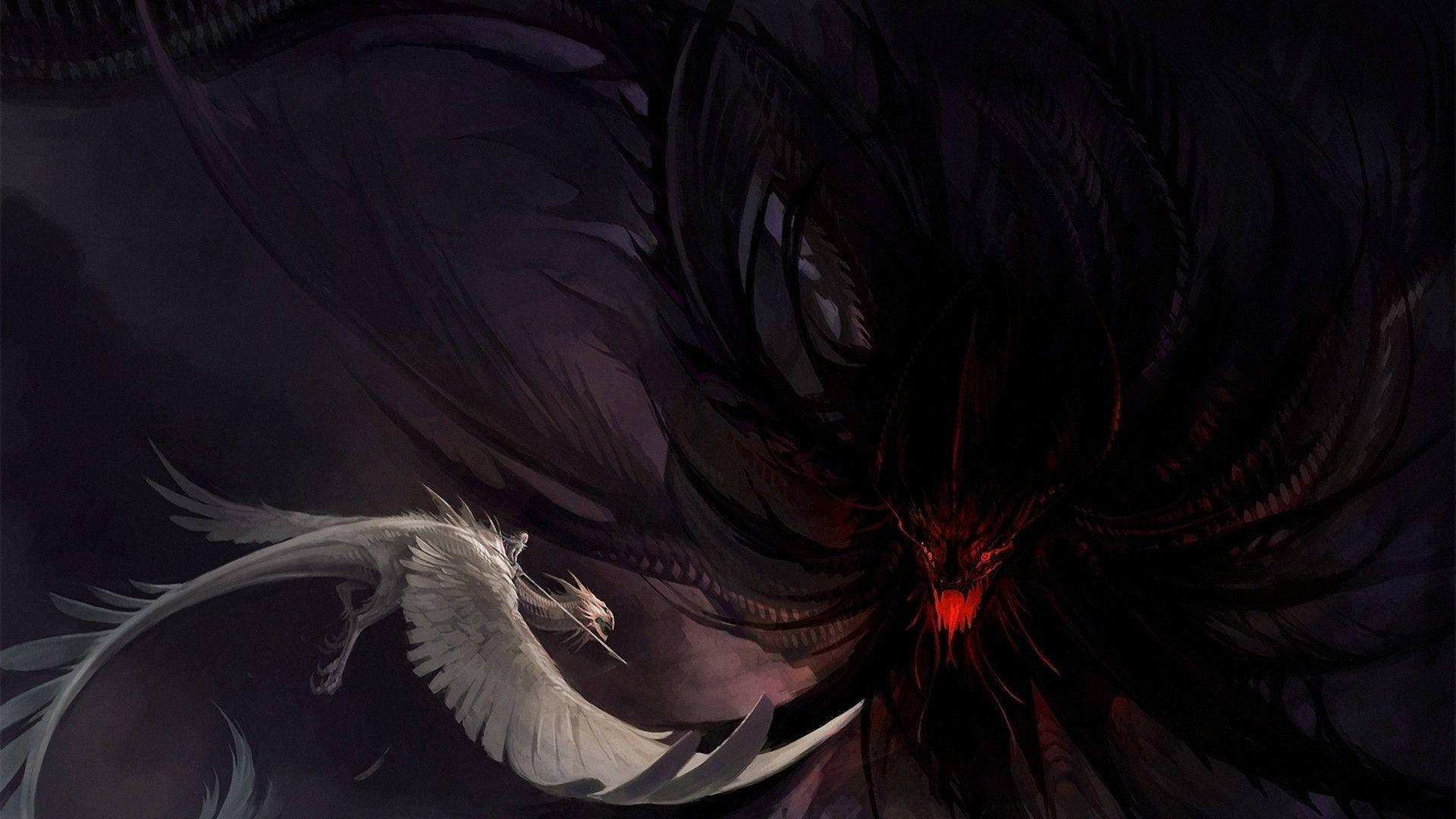 惡魔 桌布 壁紙 — 一隻白翼生物飛過一隻擁有發光紅眼和鋸齒狀牙齒的巨大黑暗龍。
