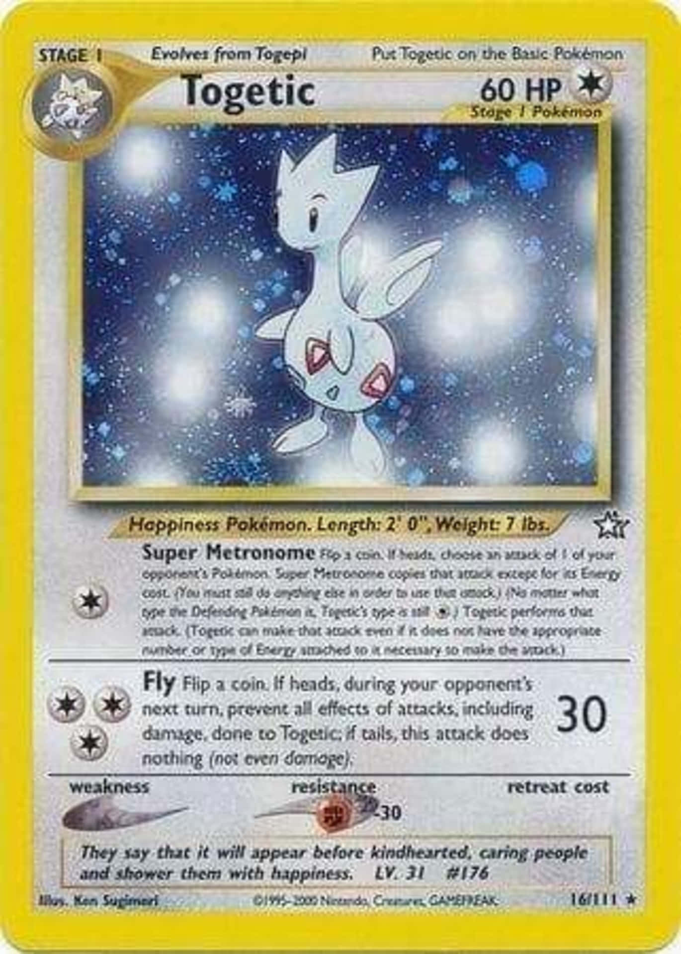 Pokemon Card 桌布 壁紙 — 一隻白色、像狐狸的寶可夢叫做Togetic，在黃色邊框的交換卡上，於閃爍的星空夜晚中寧靜地漂浮。