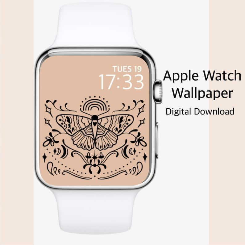 Apple Watch帶有裝飾性飛蛾桌布，顯示時間和日期。 — Apple Watch 動態 壁紙