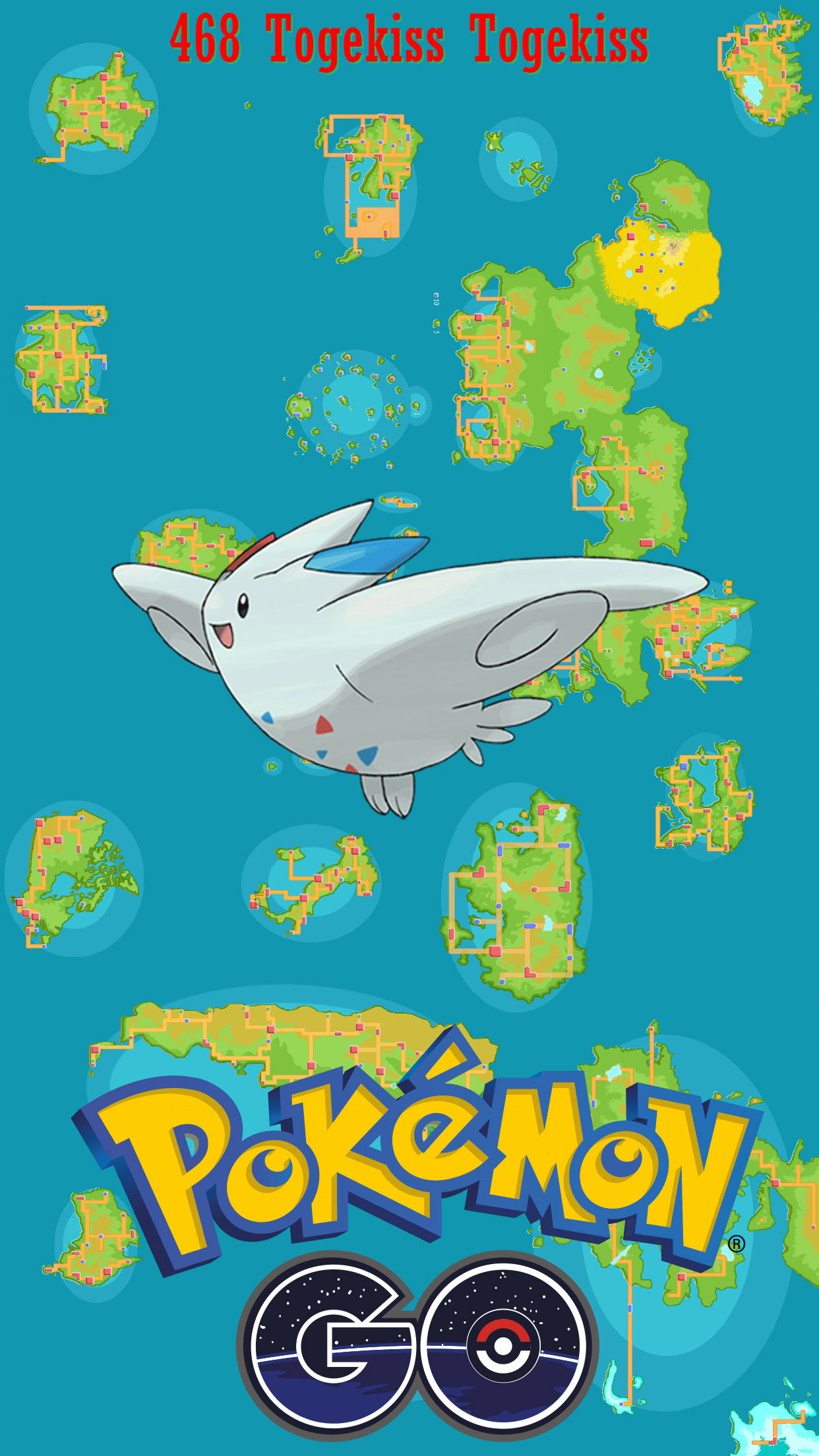 寶可夢 桌布 壁紙 — 一隻白色Togekiss，藍色翼尖，在充滿散落Pokémon GO地圖碎片的青綠色背景上翱翔。