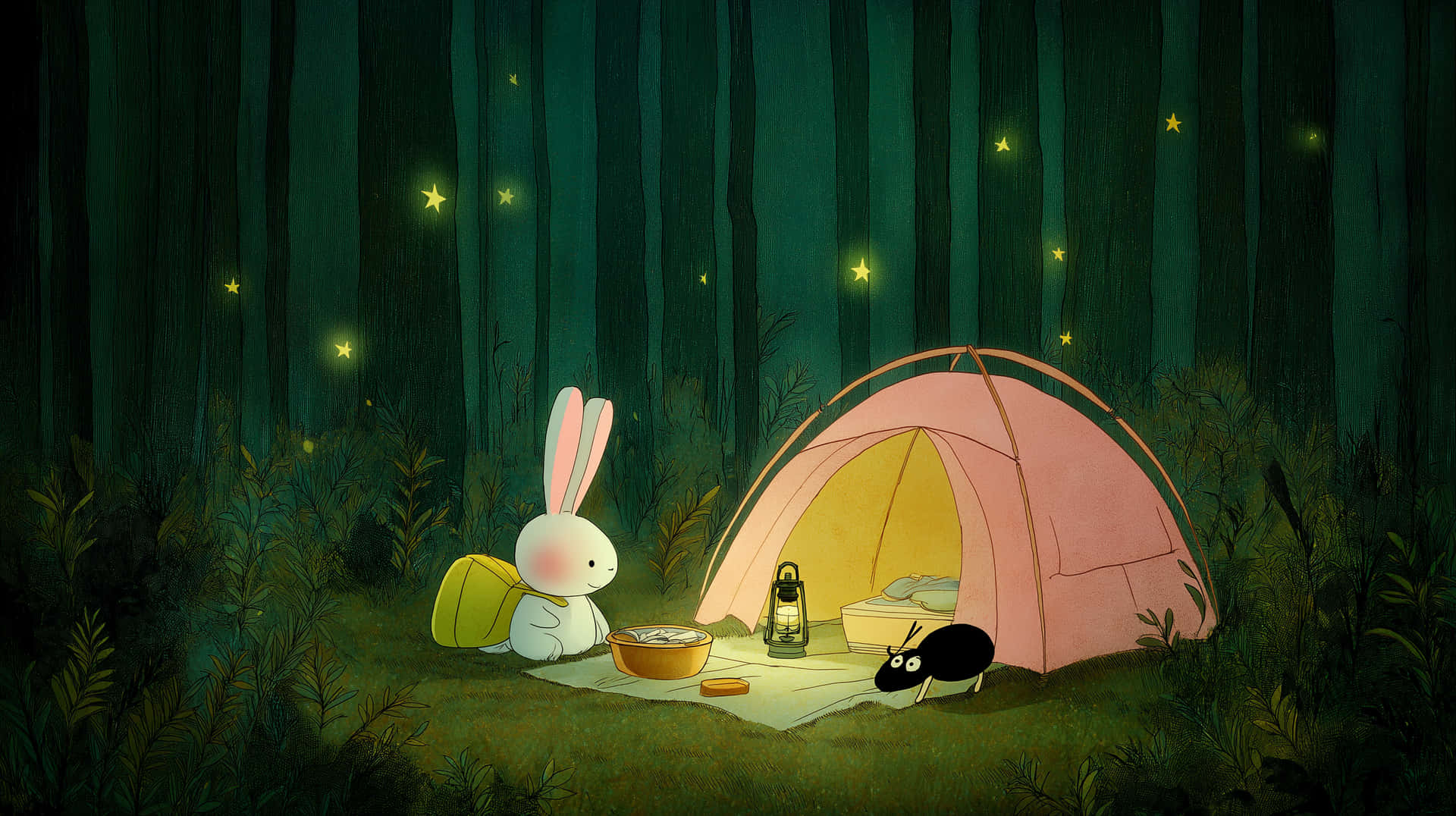 Enchanted Forest Camping: Curious Rabbit and Fireflies at Night 壁紙 — 一隻白色兔子背著黃色背包，在黑暗森林中發光的星星下，在粉紅色帳篷附近進食。