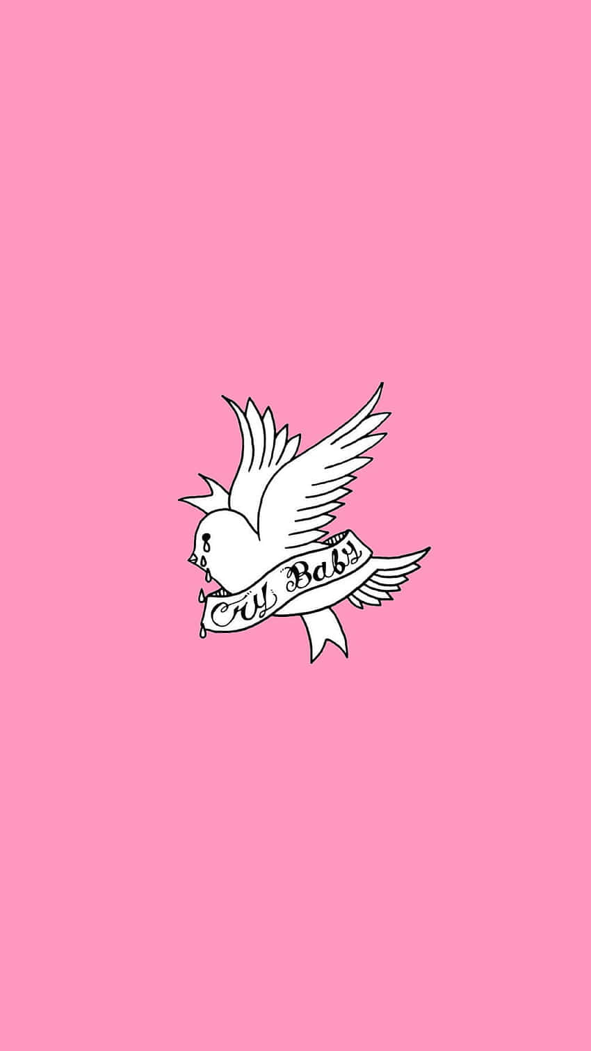 lil peep 動態圖 桌布 壁紙 — 一隻白色刺青風格的鴿子展開翅膀，在純粉紅色背景上舉著寫有「Cry Baby」的橫幅。