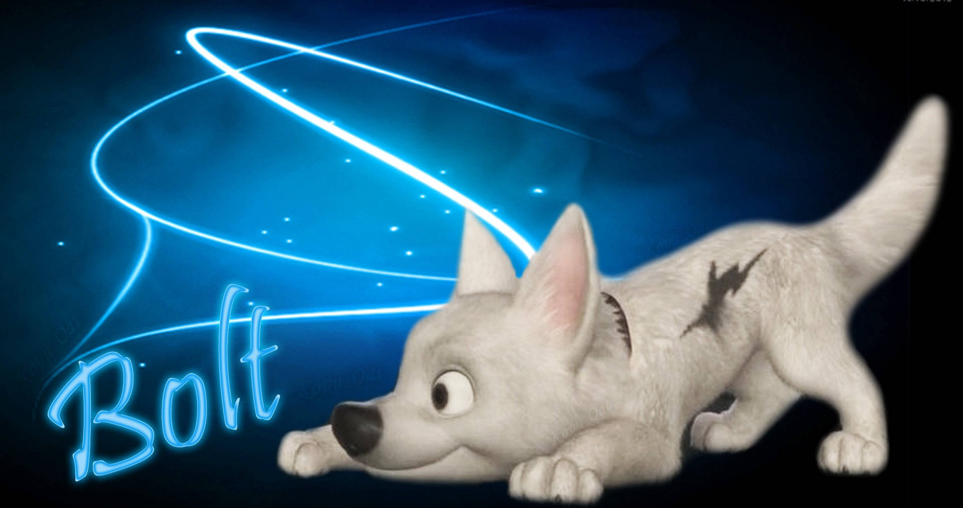 Bolt 桌布 壁紙 — 一隻白色動畫狗帶有閃電紋身，蹲在深藍色背景上，背景有發光的霓虹漩渦和發光字體的名稱Bolt。
