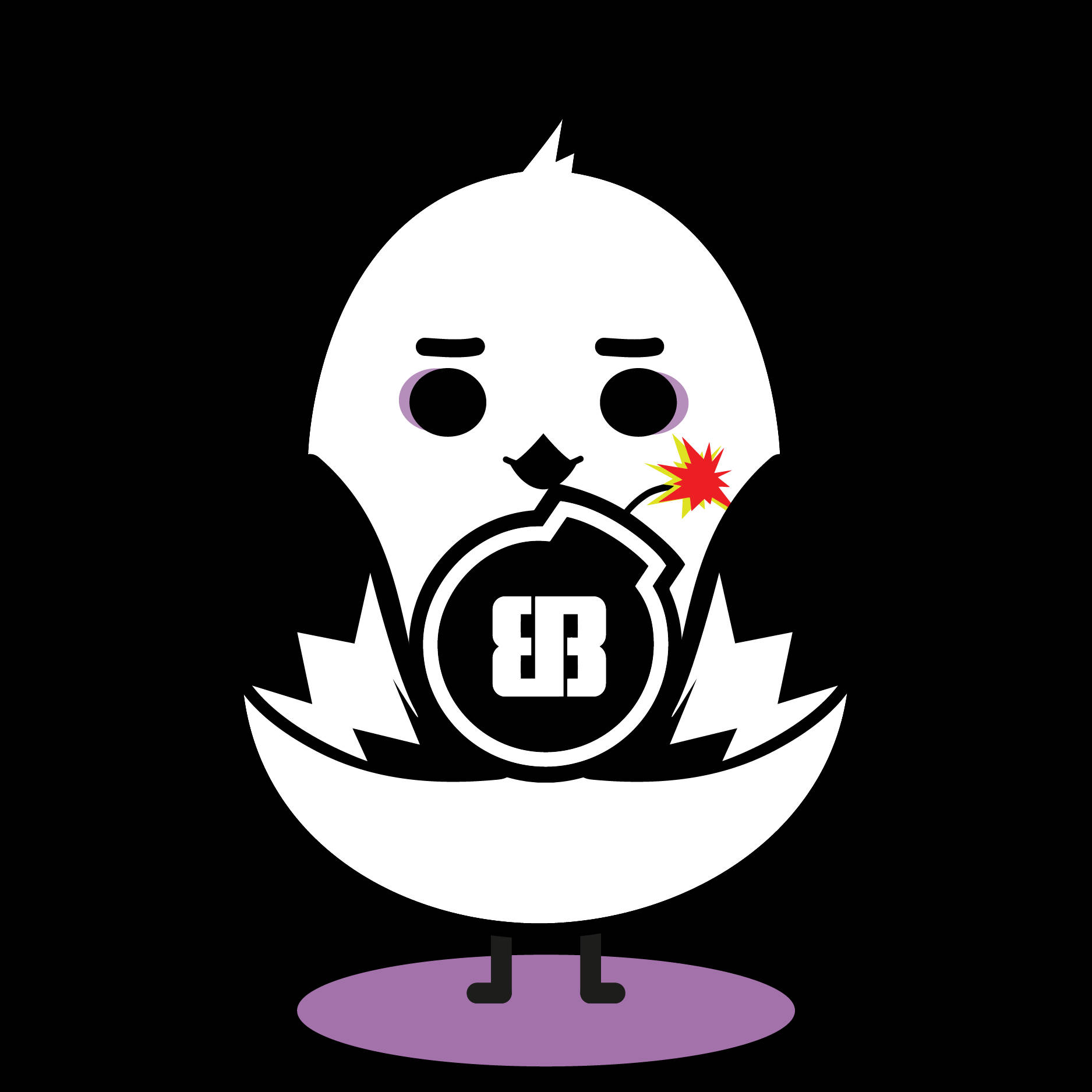 BTS 卡通 桌布 壁紙 — 一隻白色卡通小雞，紫色腳，拿著一個寫有 'EB' 的炸彈，喙邊有紅色爆炸，背景為黑色。