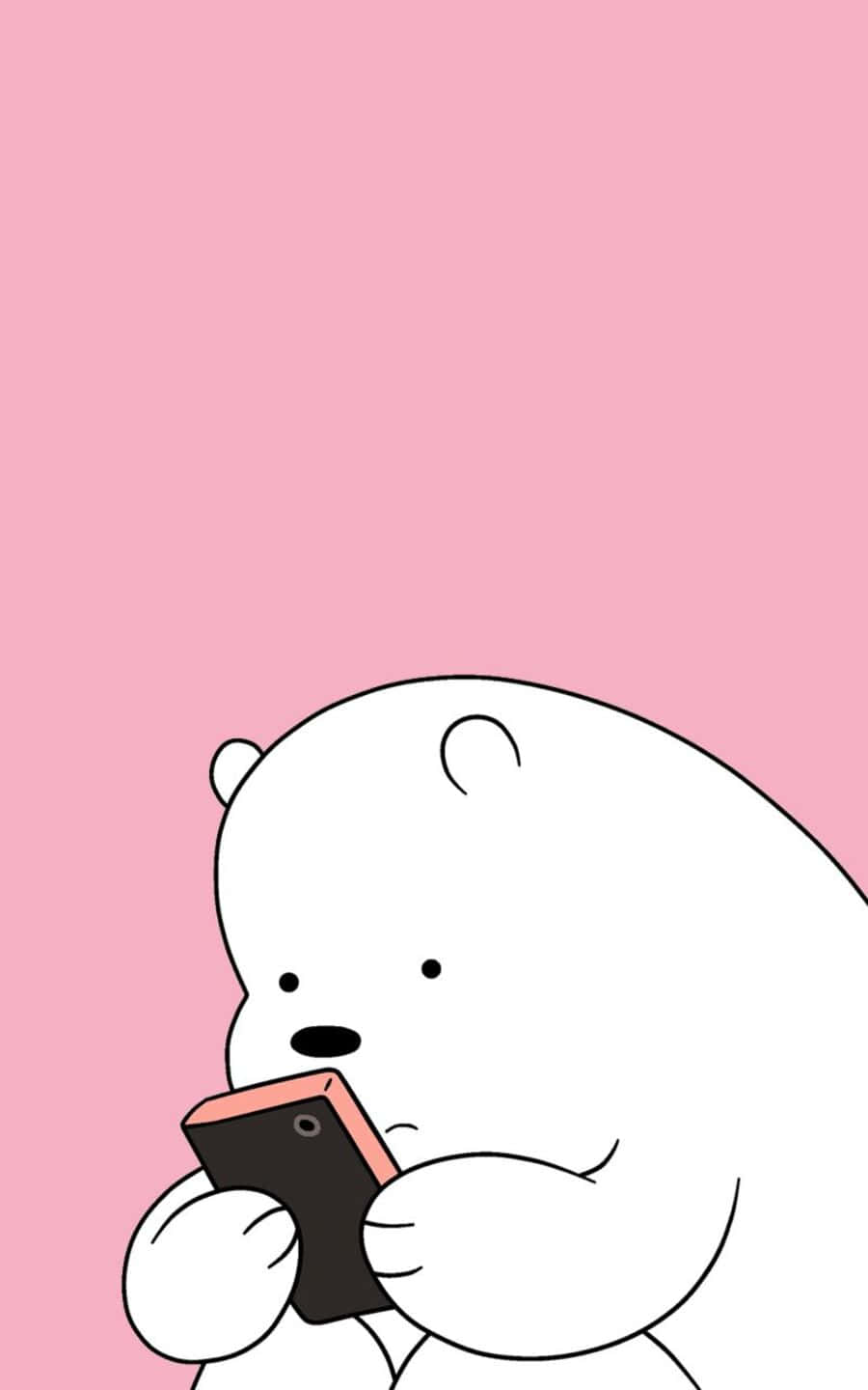 Kawaii Bear 桌布 壁紙 — 一隻白色卡通熊，有簡單的黑色眼睛和鼻子，在純粉紅色背景上拿著粉紅色手機。