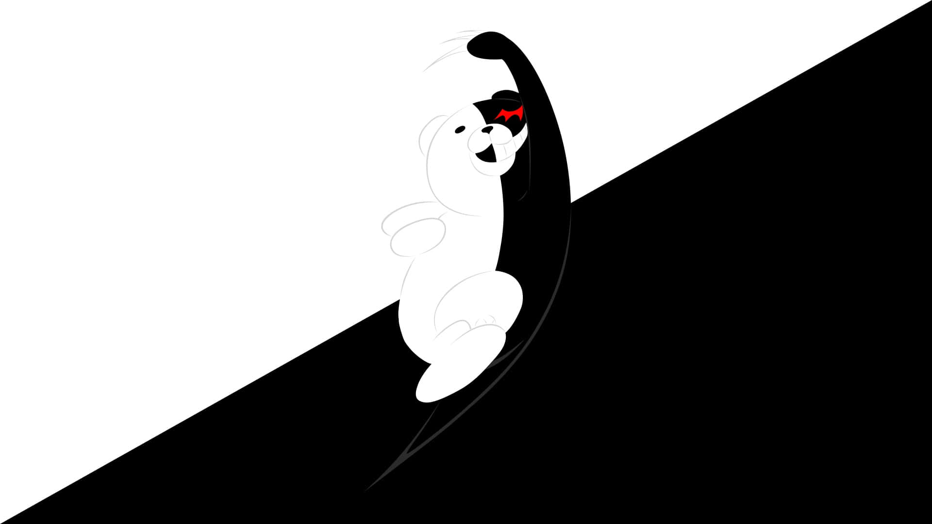 Black And White Anime 桌布 壁紙 — 一隻白色卡通熊，紅色的眼睛，從黑色彎曲形狀後面窺視，背景是鮮明的黑白對角線。