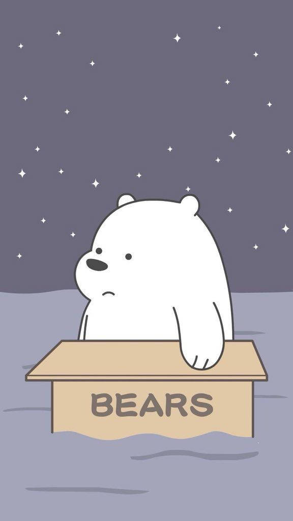 熊熊遇見你 桌布 壁紙 — 一隻白色卡通熊坐在一個標有 BEARS 的紙箱上，背景是星空夜空。