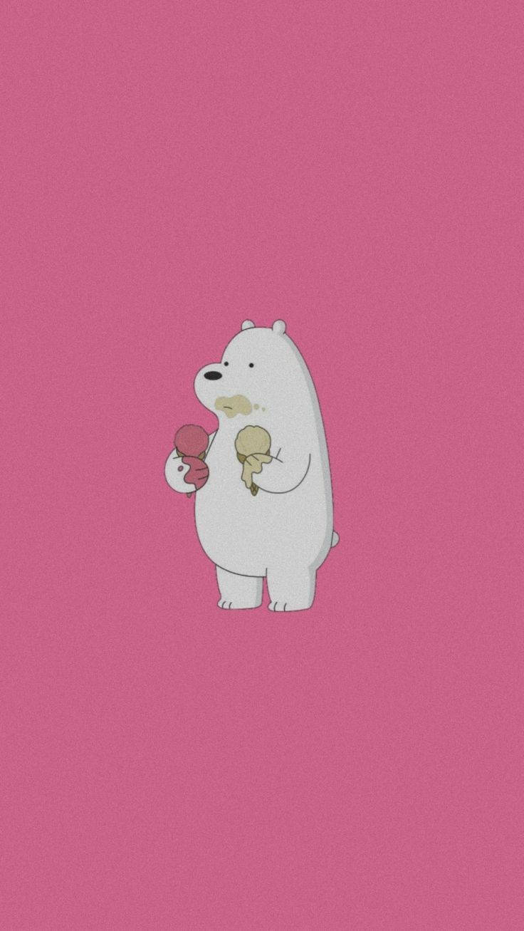 Ice Cream 桌布 壁紙 — 一隻白色卡通熊站在純粉紅色背景上，手持兩個冰淇淋甜筒。