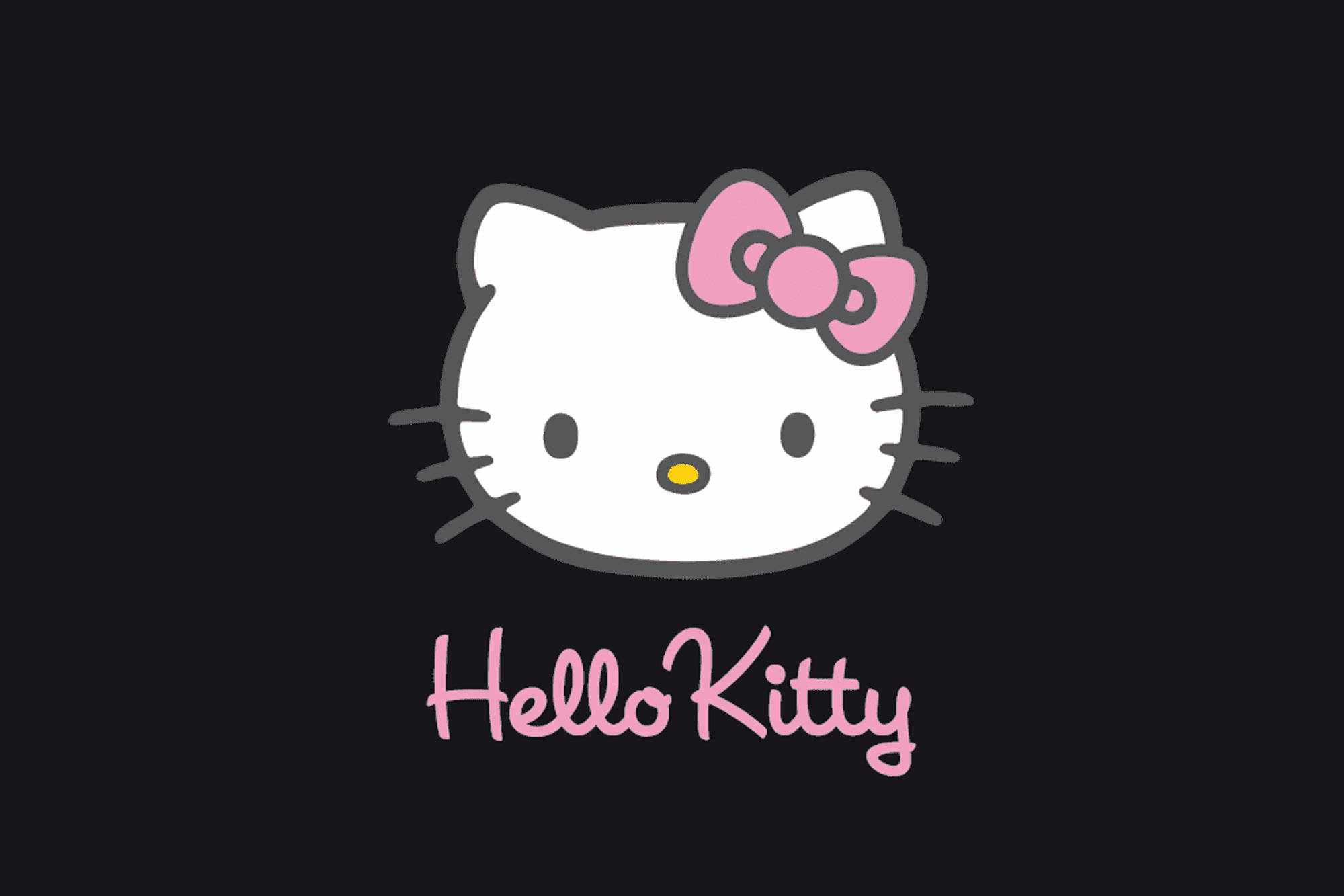 Hello Kitty 桌布 壁紙 — 一隻白色卡通貓，戴著粉紅色蝴蝶結和黃色鼻子，居中在黑色背景上，下方有粉紅色草書文字。