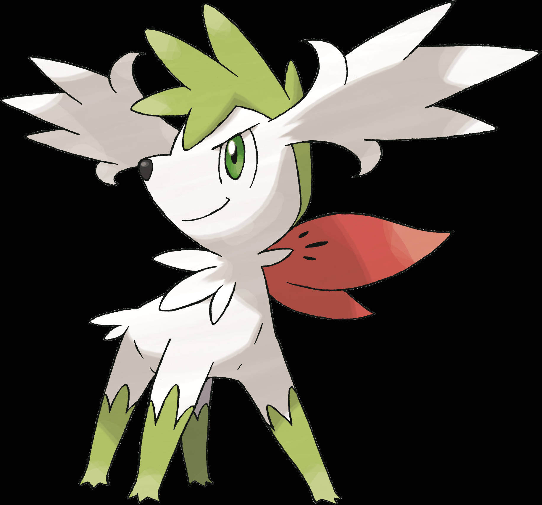 Shaymin 桌布 壁紙 — 一隻白色和綠色的開心神奇寶貝，有著葉子般的耳朵和紅色圍巾，站在黑色背景前。