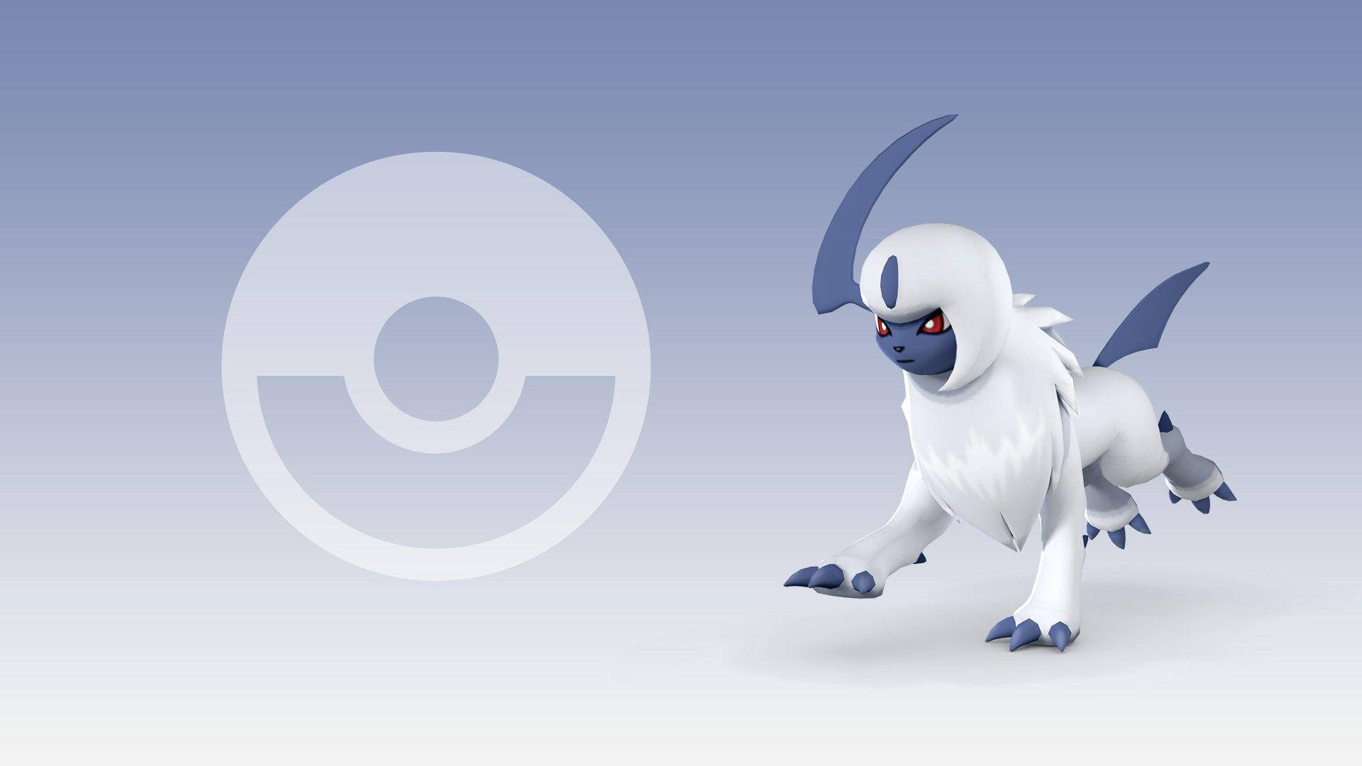 Pokeball 桌布 壁紙 — 一隻白色和藍色的寶可夢，有著紅色眼睛和帶角的頭部，警覺地站在漸變背景前，背景上有模糊的寶貝球標誌。