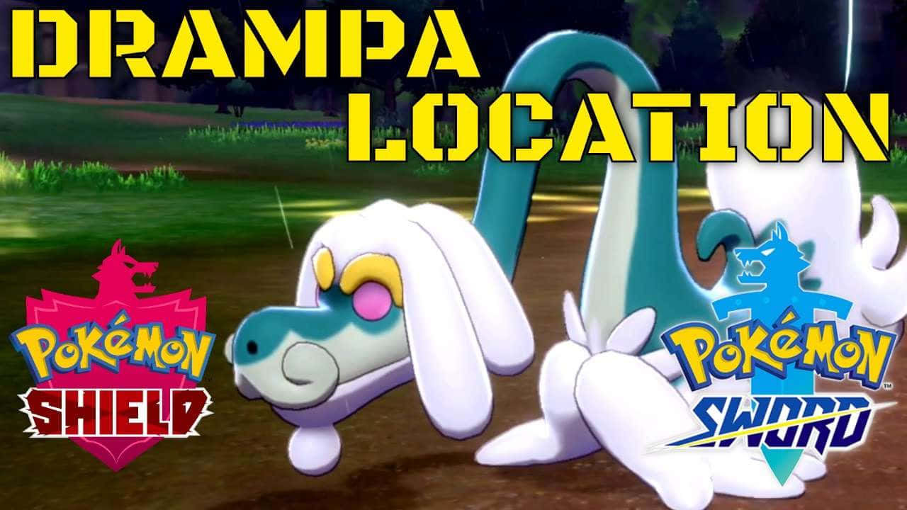寶可夢 桌布 壁紙 — 一隻白色和青綠色的Drampa站在草地上，上面覆蓋了Pokémon Sword and Shield的標誌。